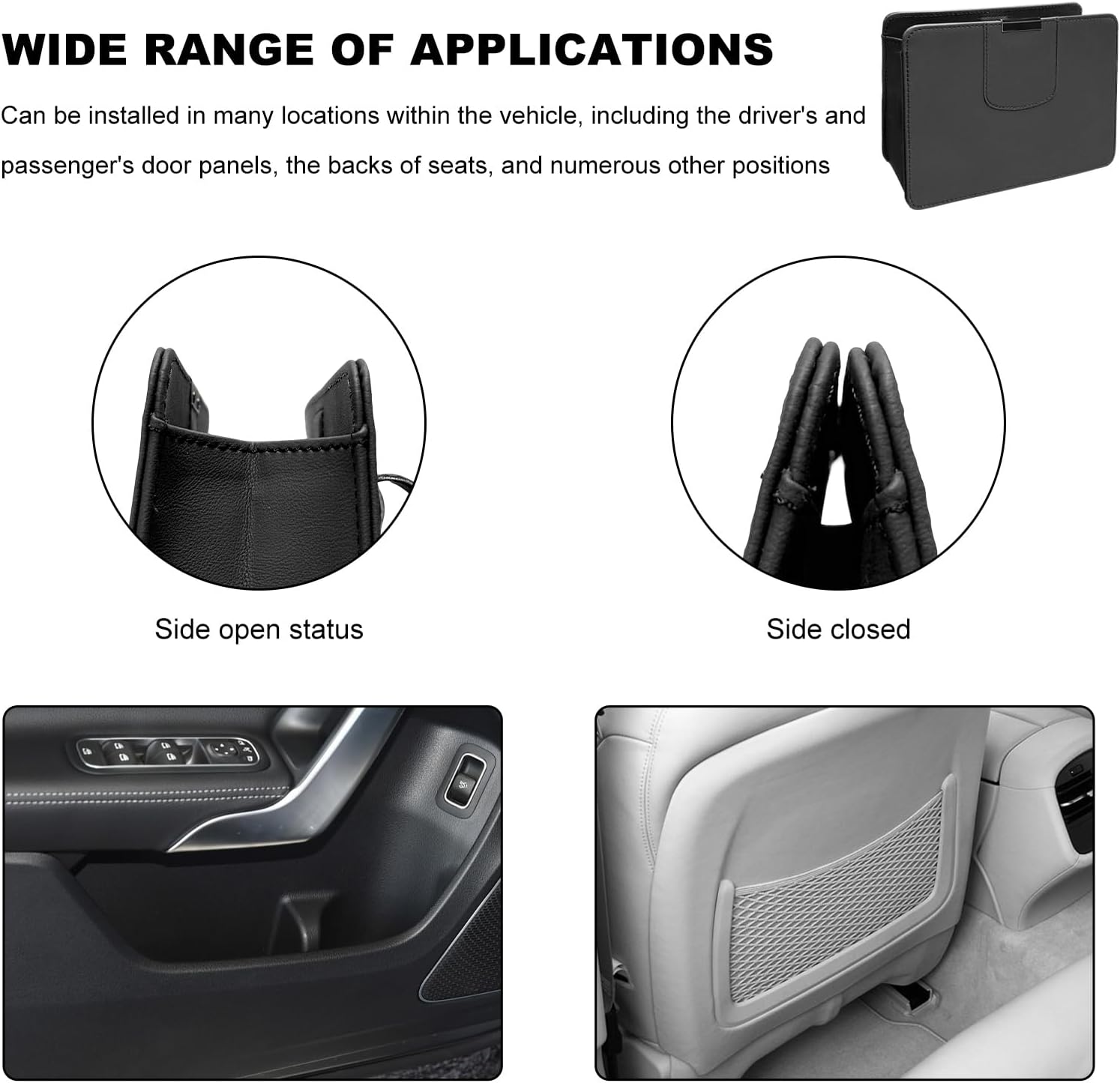 Sun Walker Car Trash Can, Leather Magnetic Auto Litter Storage Container with Trash Bags, Foldable Vehicle Door Hanging Dustbin Mini Garbage Organizer for Women Men, Car Accessories (Black)