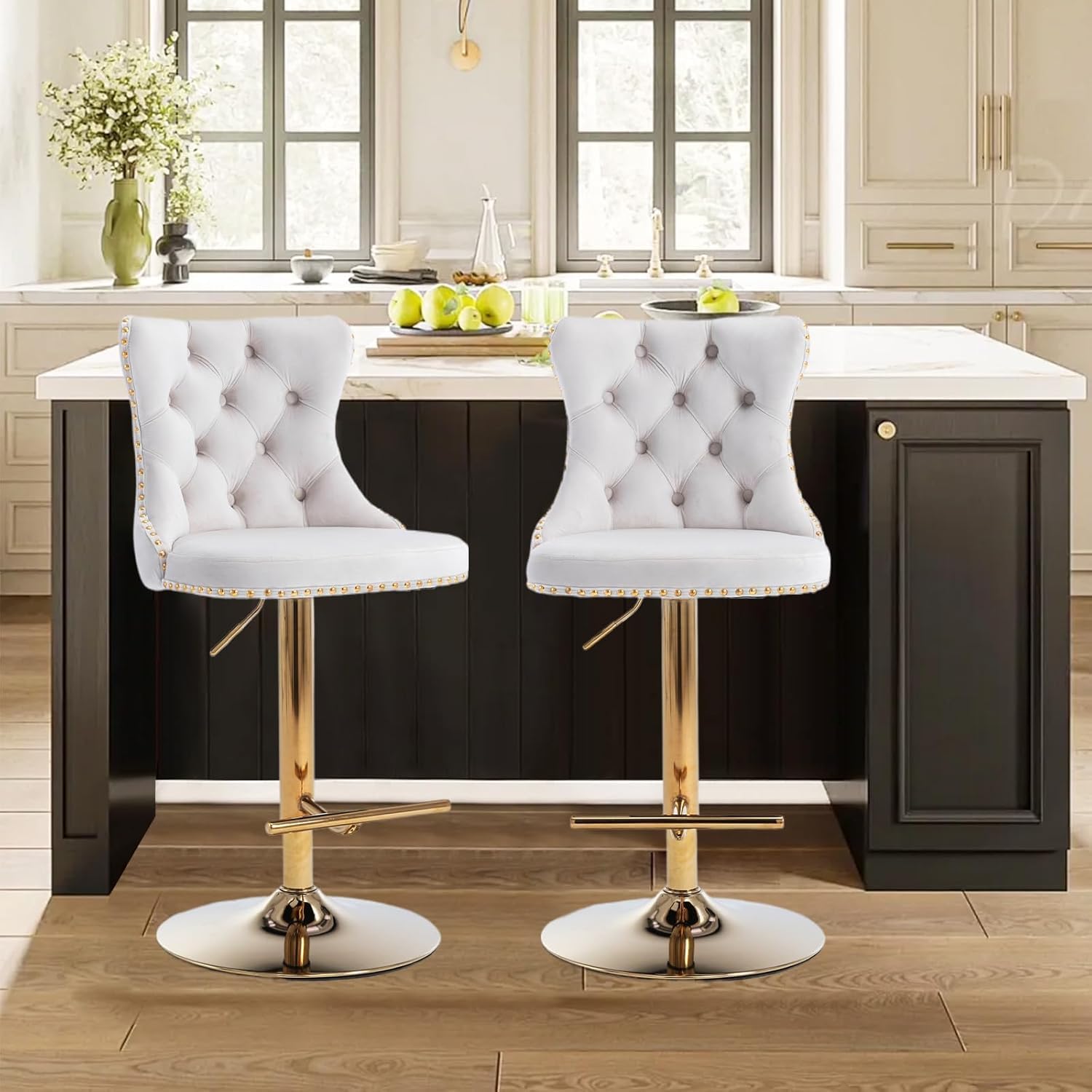 33” Velvet Swivel Bar Stools Set of 2 with Back, Adjustable Height Upholstered Modern Bar Chairs with Gold Leg for Kitchen Island, Bar, Dining Room(Beige&Gold Leg)