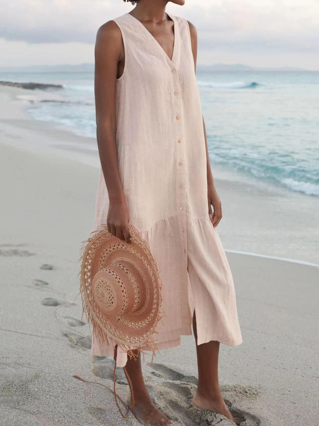 Spring Summer Sleeveless Cotton Linen Dress Summer Dresses for Women Sleeveless Pockets Vacation Maxi Dresses
