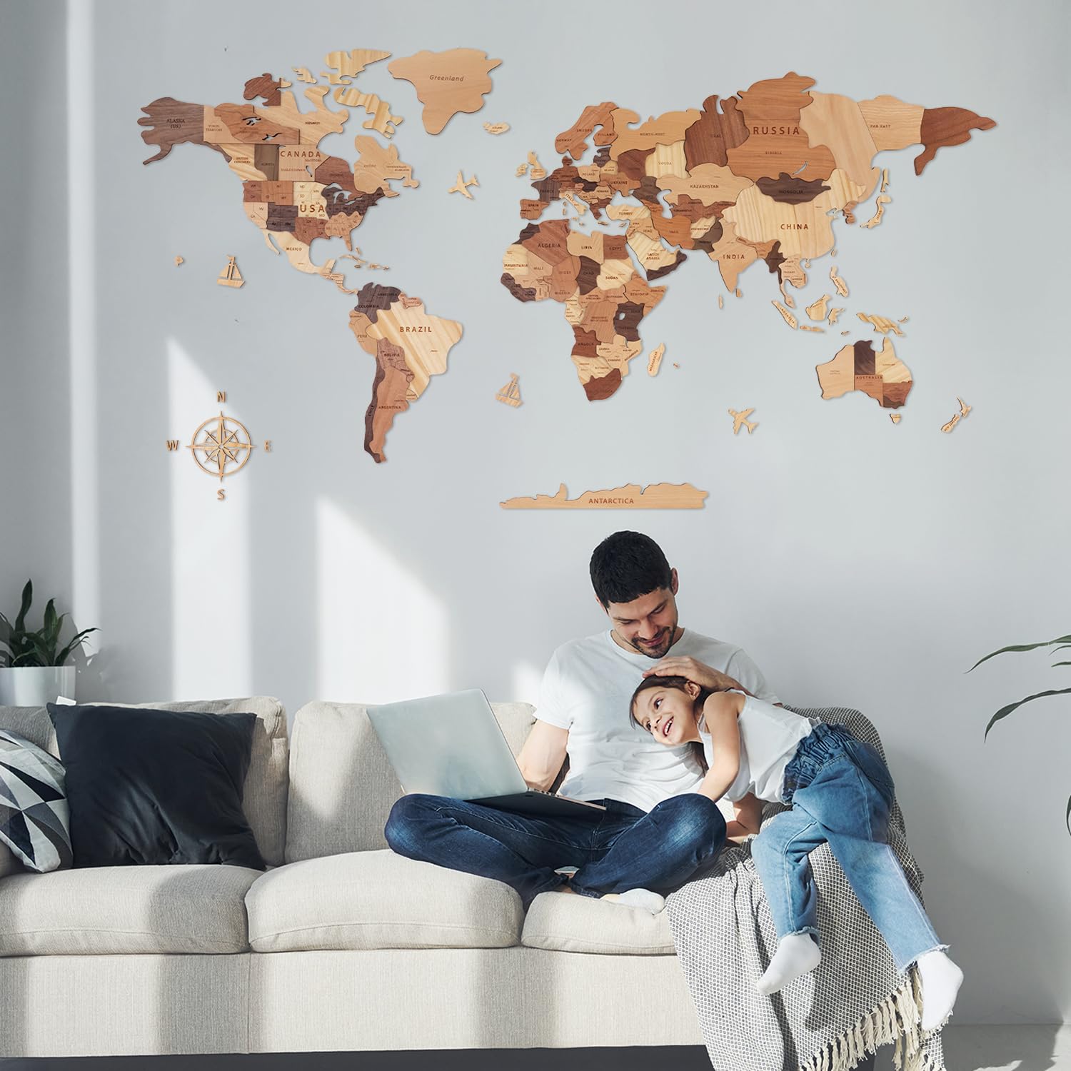 Handiwoo Mapa del mundo de madera 3D, mapa del mundo de madera, arte de pared de madera multicapa, idea de regalo de inauguración de la casa, mapa de viaje de madera grande para decoración del hogar y