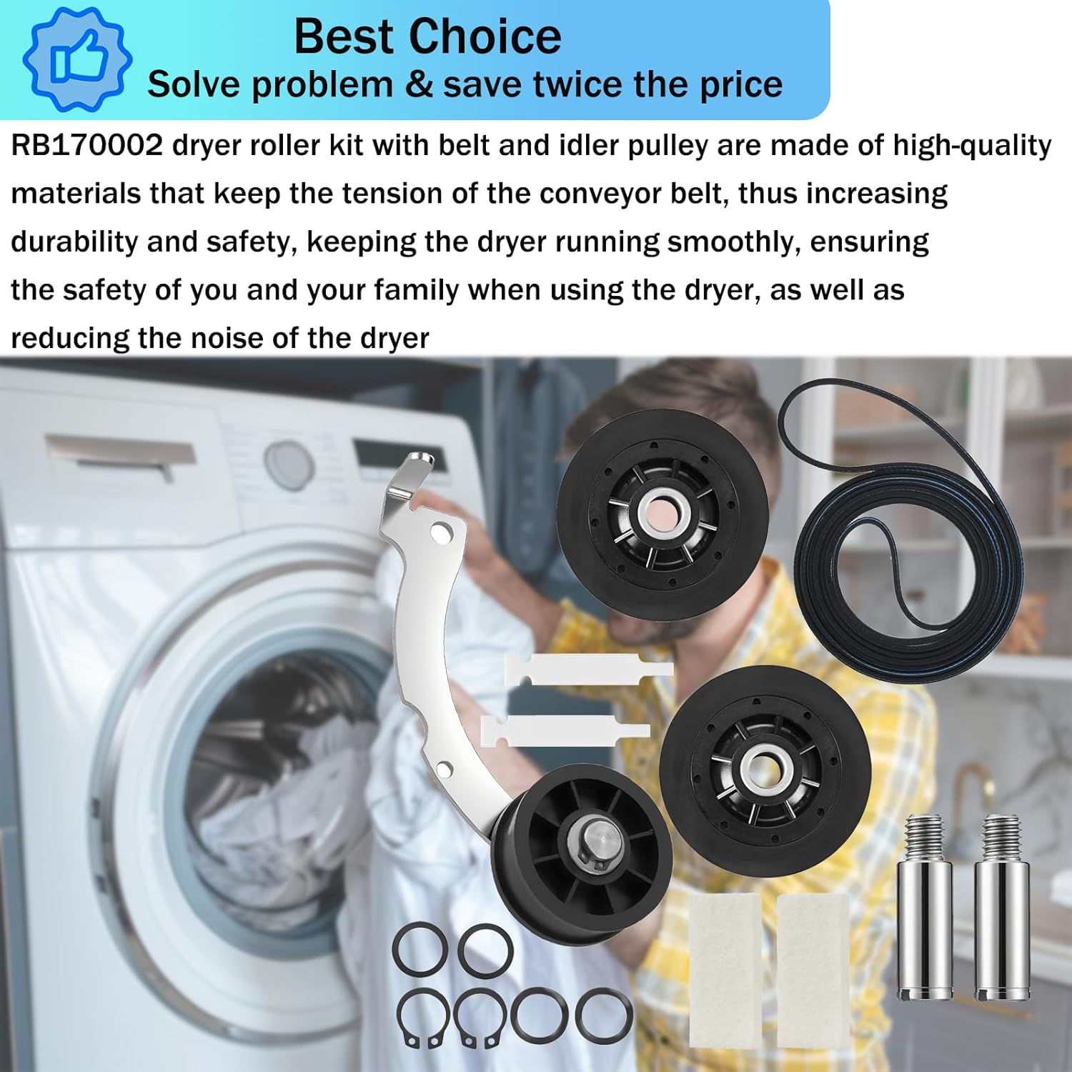 Dryer Repair Kit with RB170002 Dryer Roller Kit & D511255P Dryer Cylinder Belt & RB170003 Dryer Drum Glide Kit & D516792 Dryer ldler Pulley - Compatible with Speed Queen 1992 and Newer Dryer