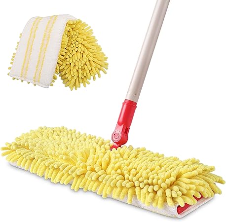 AKOMA Dual Sided Dust Mop, Flip Head Dry and Wet Mops for Floor Cleaning, with 2 Washable Microfiber Pads Mopping for Home Office Bathroom Hardwood Tile Floor,Yellow Cleaner Tools