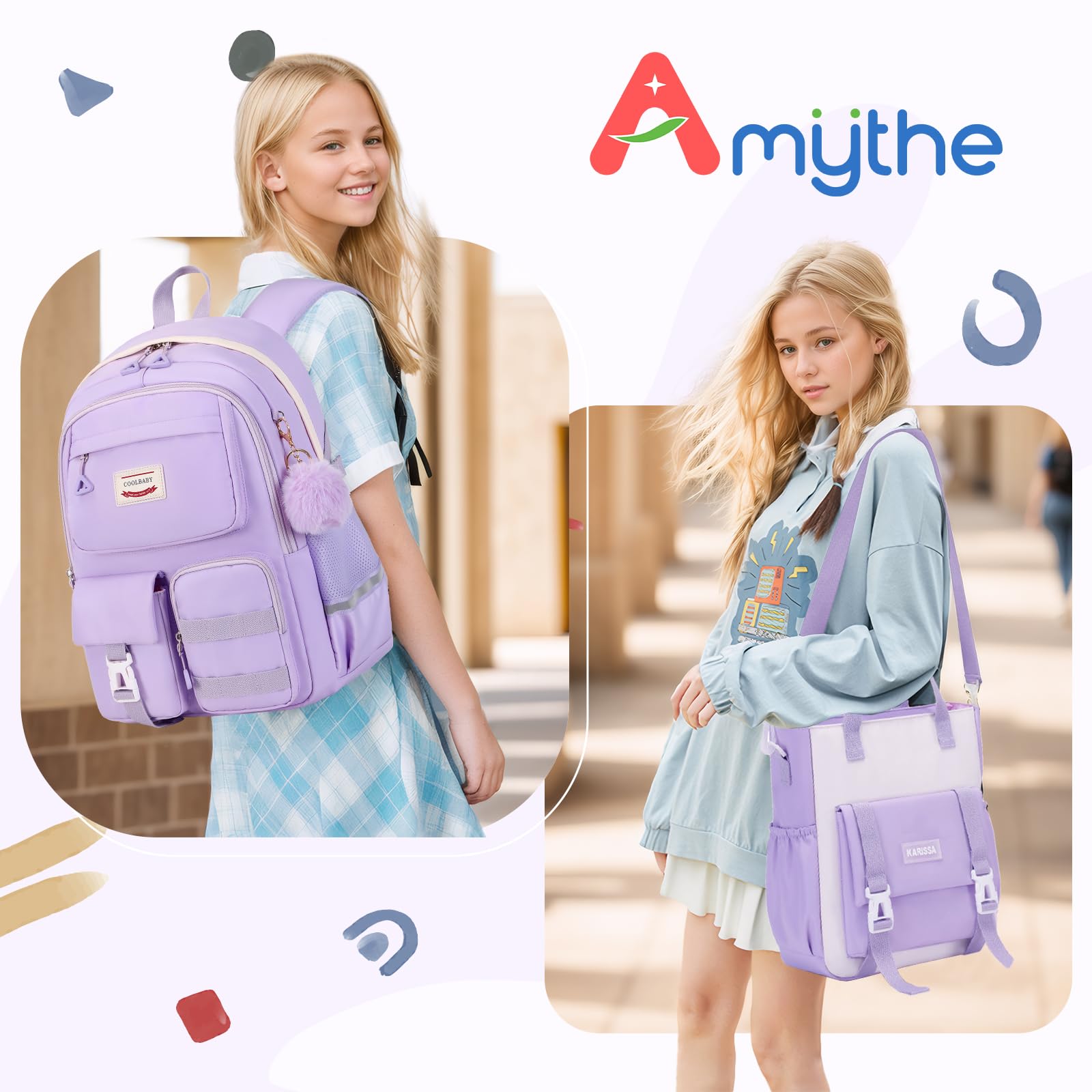 Amythe Zainetto Ragazza 2 pezzi, 29L Zaino Scuola con Borsa per la Spesa, Set Zaino Bambina Scuole Elementare e Medie, Zaini da Viaggio Casual per Adolescenti 10 e 18 anni