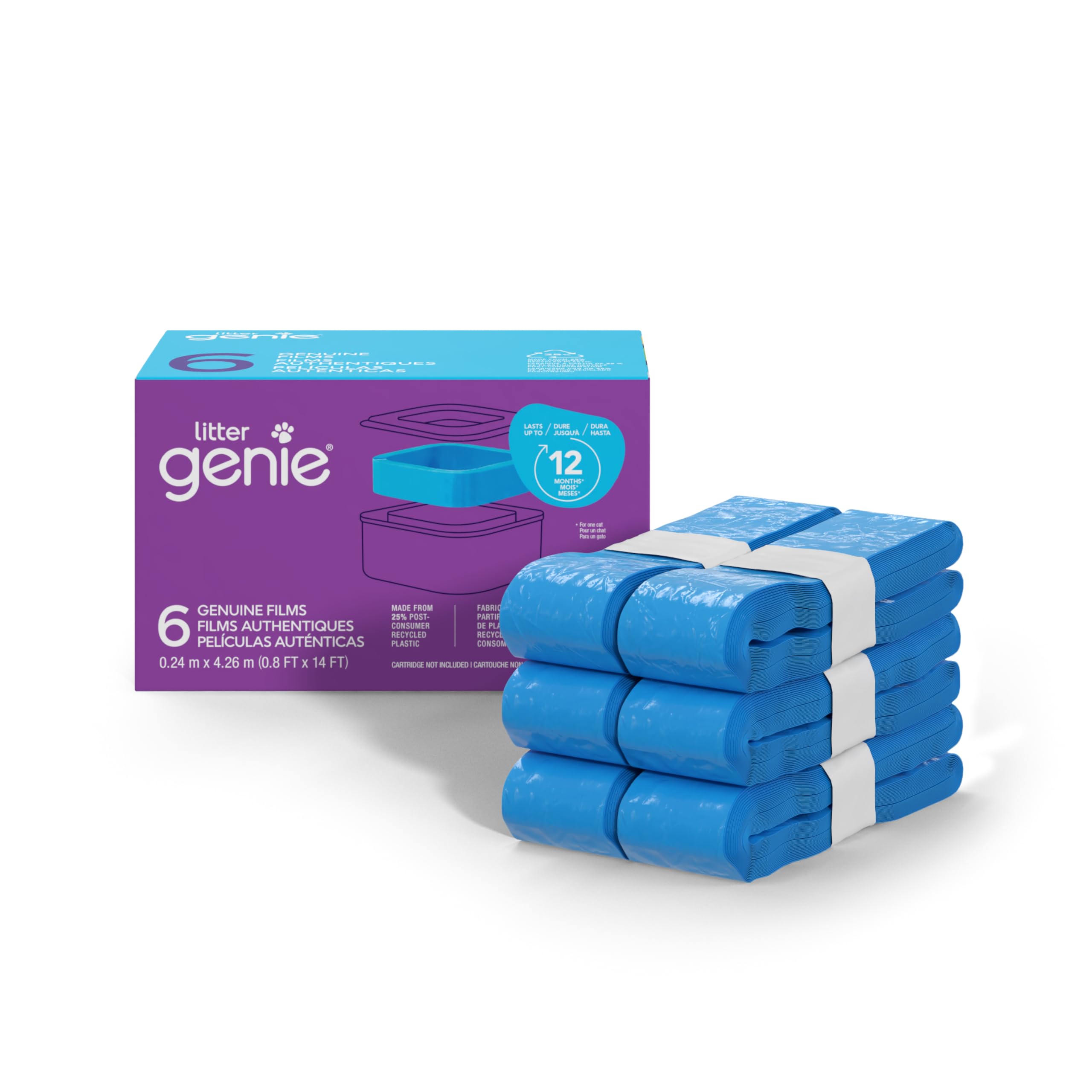 Las bolsas de recambio Litter Genie de película auténtica, paquete de 6 unidades proporcionan un total de 80 pies de bolsas, ofreciendo hasta 12 meses de uso para un gato.