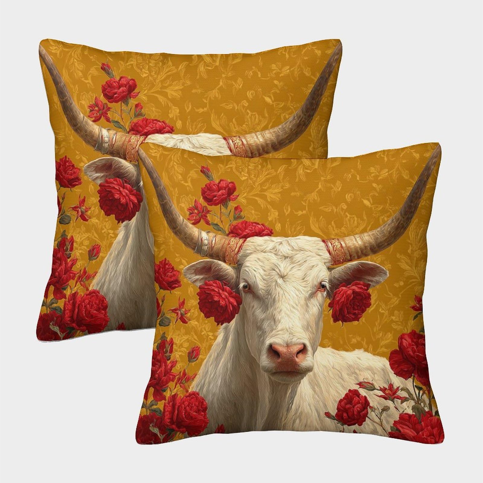 kaiyun 2 Pack Cow, Red Flowers Personalised Cushion Cover Home Sofa Decoration 45x45cm Pillow Covers