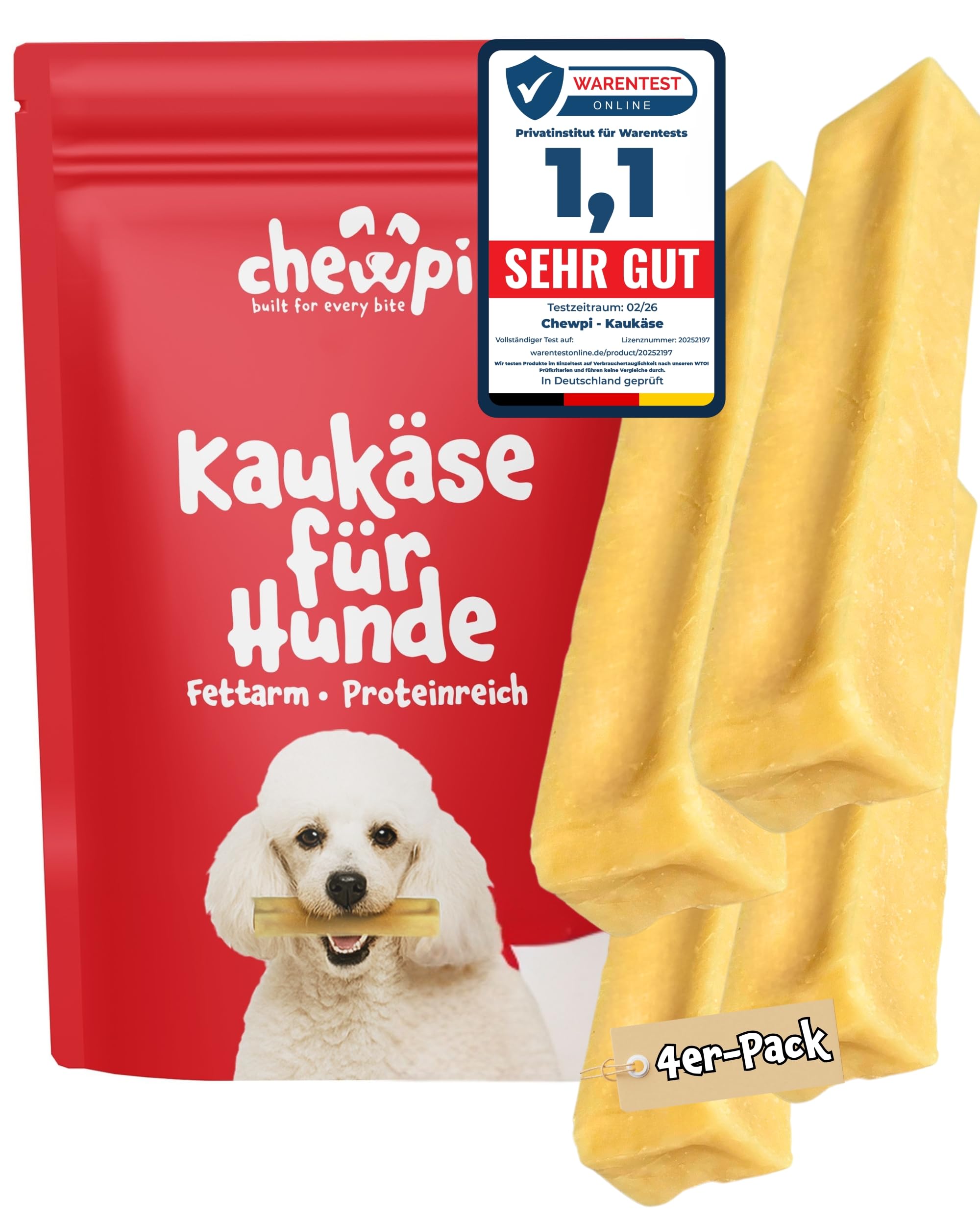 Kaukäse für Hunde S - 4er-Pack - 100% Natürliche Käsestangen für Hunde - Käseknochen Hund mit Langer Kauzeit - Unterstützt die Zahnpflege - Ideal für Starke Kauer - Chewpi