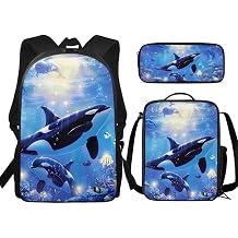 Whales Orca School Backpack for Teens Girls Boys Casual Daypack Backpacks with Lunch Box Pencil Bag Middle High School College Bookbag Set