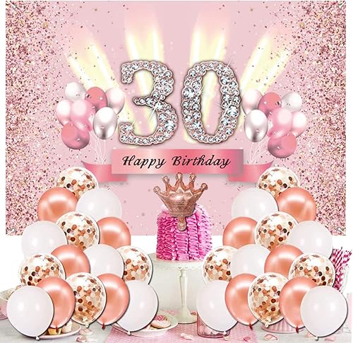 Miniatura 5 de Decoraciones de cumpleaños número 30 para mujer, cartel de fondo de feliz cumpleaños 30, cartel de tela para fiesta de aniversario de 30 años,