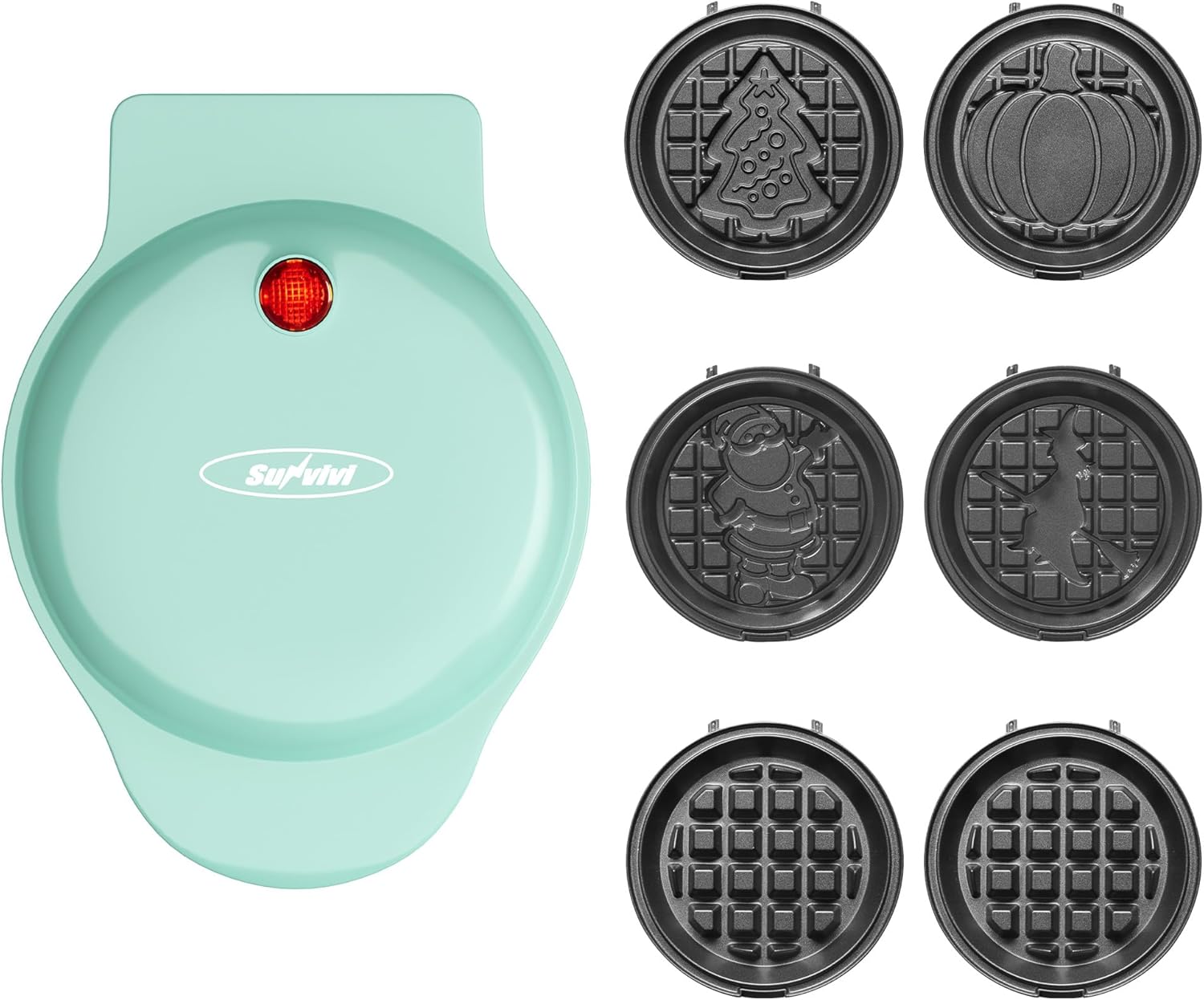 Sunvivi 4" Mini Waffle Maker: 6 in 1 Waffle Iron with 6PC Nonstick Removable Plates Set (Santa Claus, Christmas Tree, Witch & Pumpkin), Perfect Mini Waffle Maker for Kids and Families, Light Blue