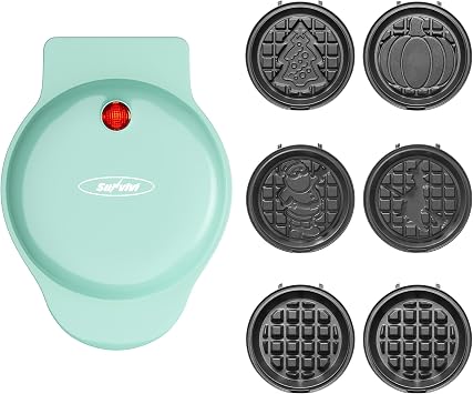 Sunvivi 4" Mini Waffle Maker 6 in 1 Waffle Iron with 6PC Nonstick Removable Plates Set Santa Claus, Christmas Tree, Witch & Pumpkin, Perfect Mini Waffle Maker for Kids and Families, Light Blue