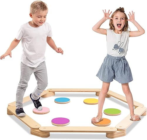 Costzon Monterssori - Viga de equilibrio de madera y piedras de escalón gimnasia para niños carrera de obstáculos juego de mesa de equilibrio para
