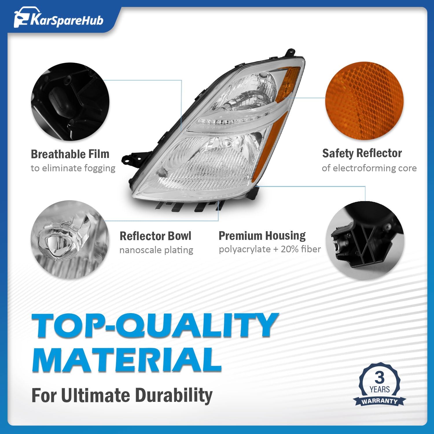Headlights for 2006-2009 Prius Base Halogen Headlamp Replacement, High/Low Beam Bulbs included, Driver & Passenger Side
