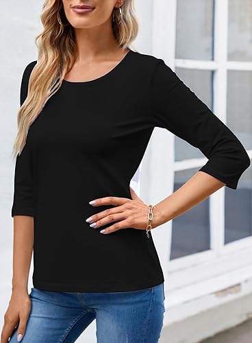Miniatura 5 de Camiseta básica de algodón liso liso con cuello redondo y manga 34 para mujer