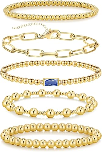 5 PCS Gold Bracelets for Women, Dainty Birthstone Bracelet 14K Gold Plated Stack
