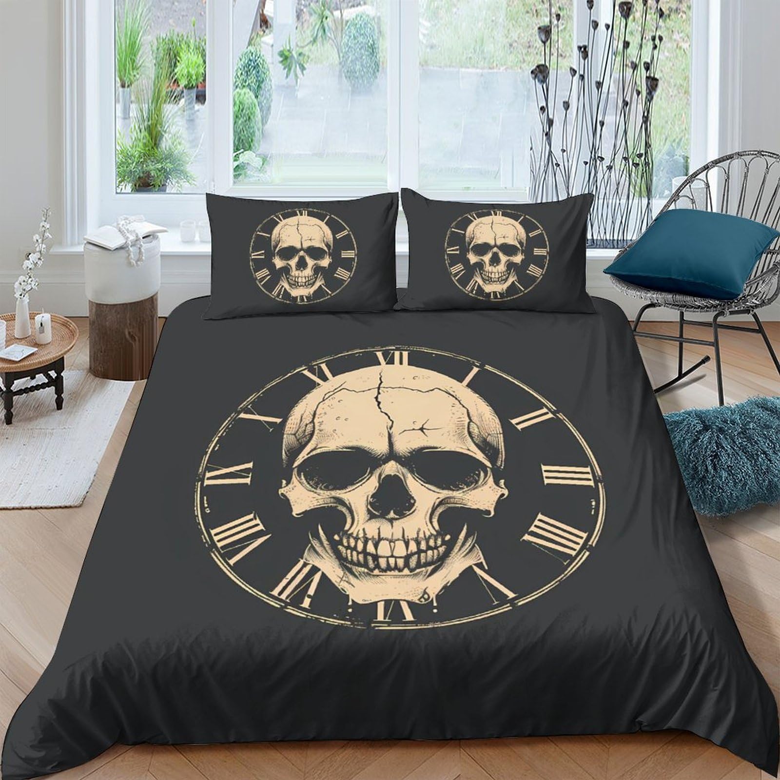Tyuiopasdfg Colorful-4 Gothic Skull Duvet Cover Set Microfiber 3 Piece Bedding Set Black Soft Bedding Set For Teens Single（140X200cm）