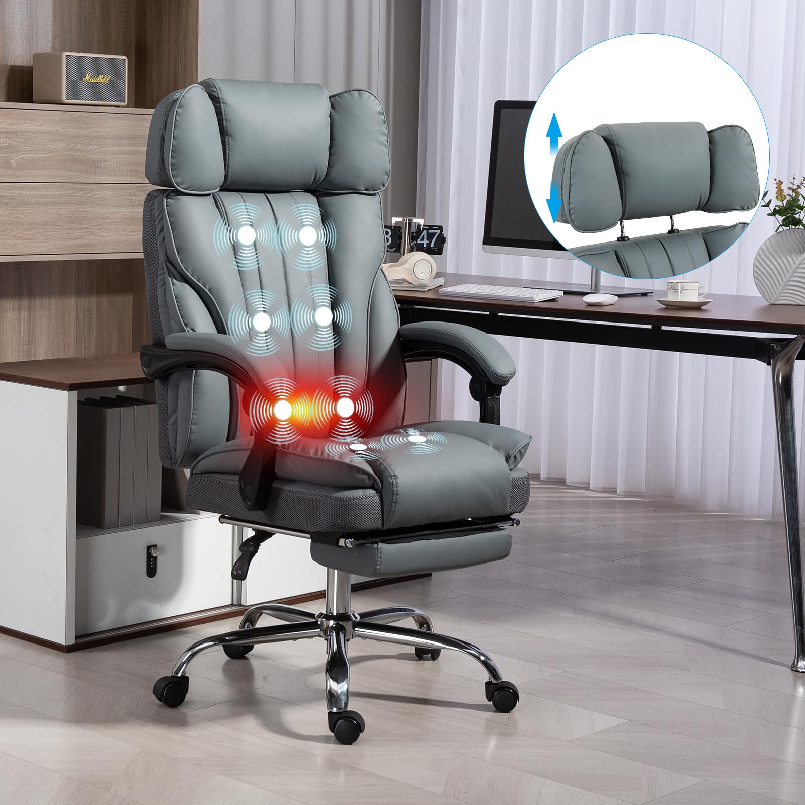 Massage Office Chair with Heat and 8 Vibration Points Big and Tall Executive Office Chair with Adjustable Headrest, Extra Wide Seat, Footrest, Padded Armrests, Reclining High Backrest
