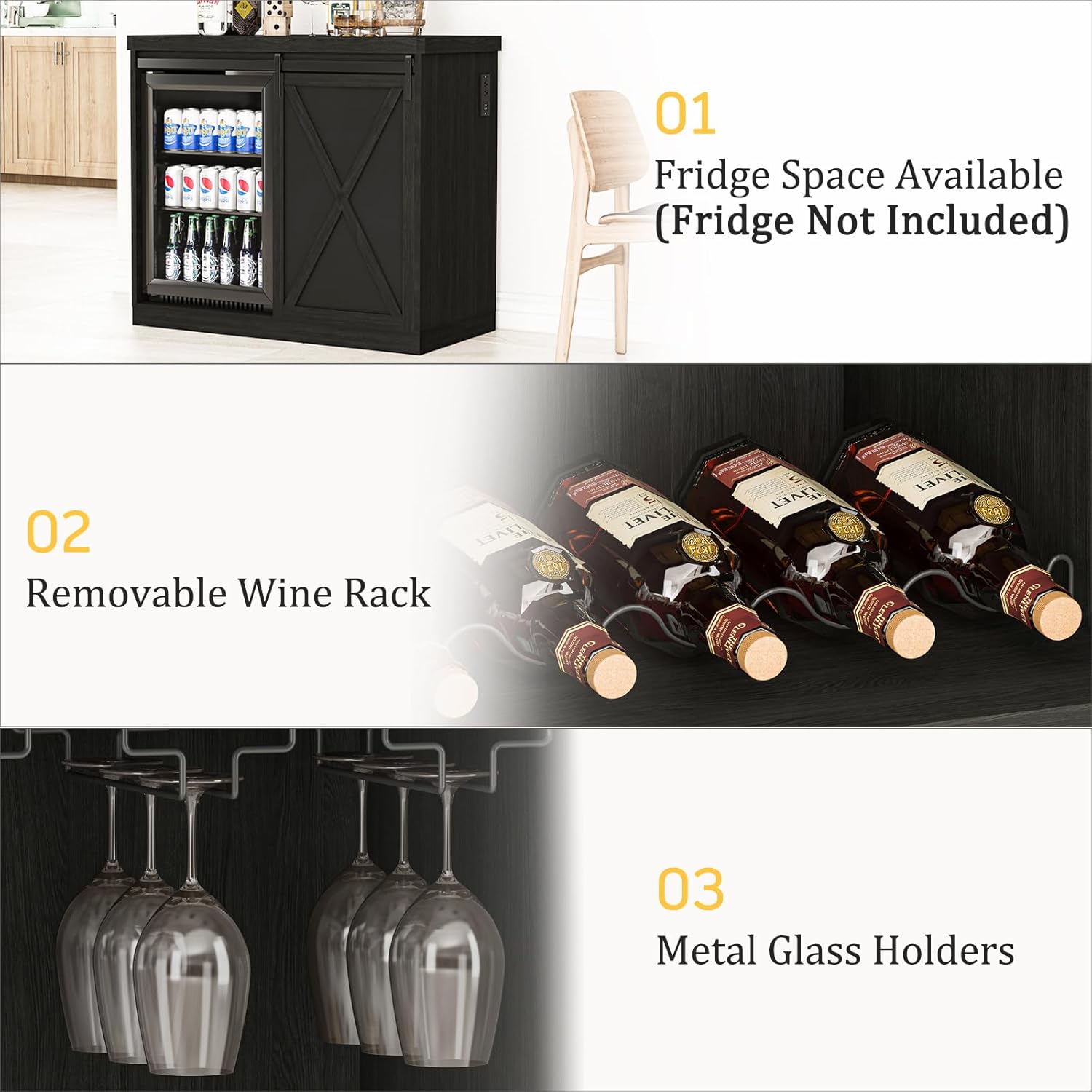 Coffee Bar Cabinet with Mini Fridge Space, 49.2 inch Farmhouse Kitchen Buffet Hutch with Sliding Barn Door, Built in Power Outlet, Wine Rack and Glass Holder for Kitchen Dining Room, Black