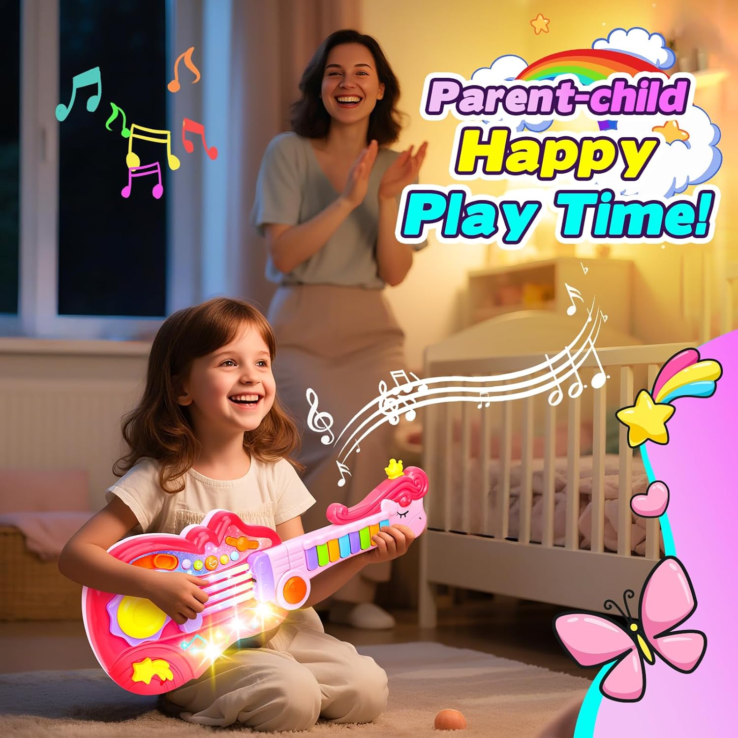 Kids Guitar Toy for 3 Year Old Girl Gift 2-in-1 Electric Guitars with Piano Mode for Toddlers Light Up Music Toys for 3 4 5 Year Old Girls Boys Gifts