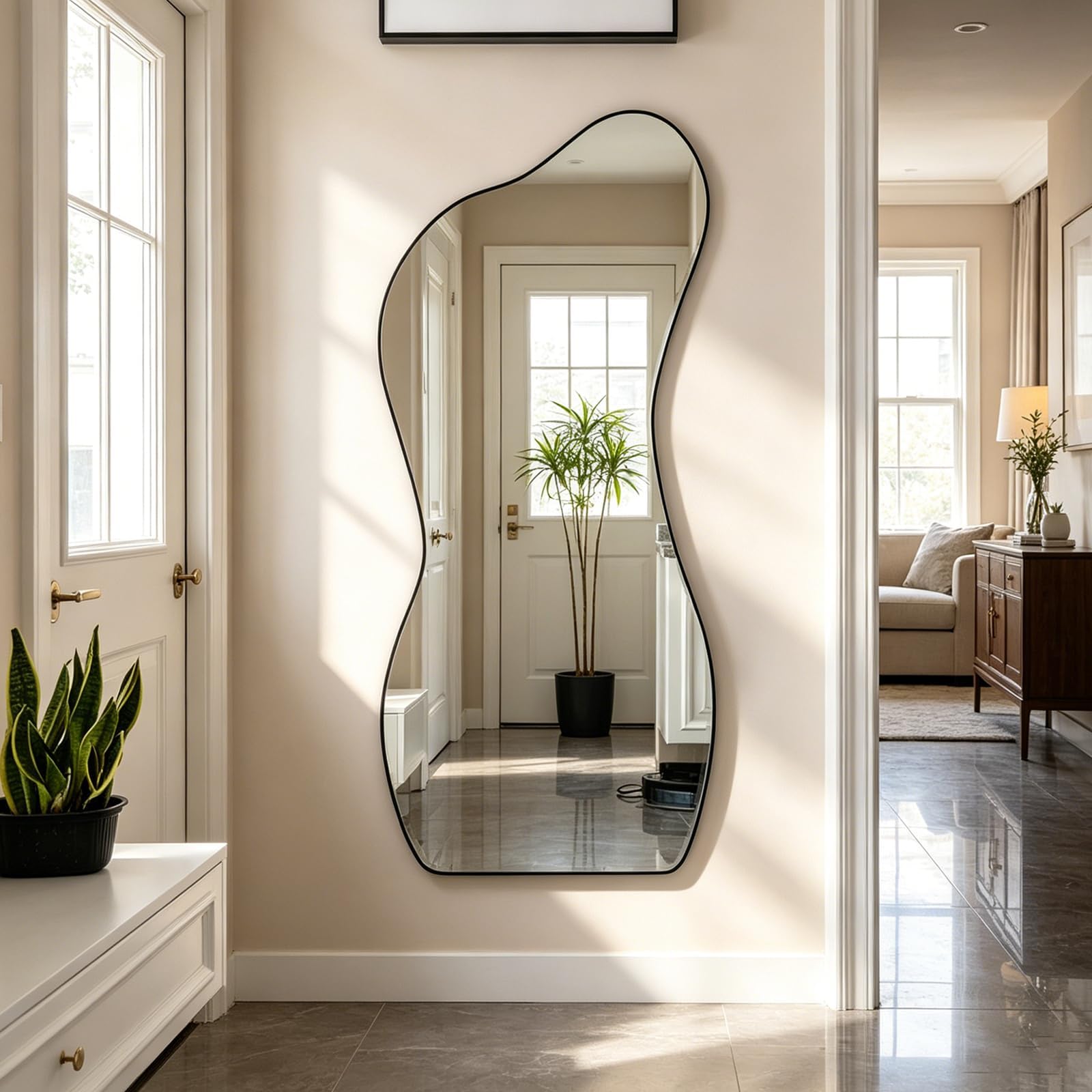 POZINO Irregular Wall Mirror, 47.2"x22" Asymmetrical Frameless Mirror Decorative, Modern Organic Shaped Mirror for Entryway Hallway Living Room Bedroom, Horizontal or Vertical Hanging