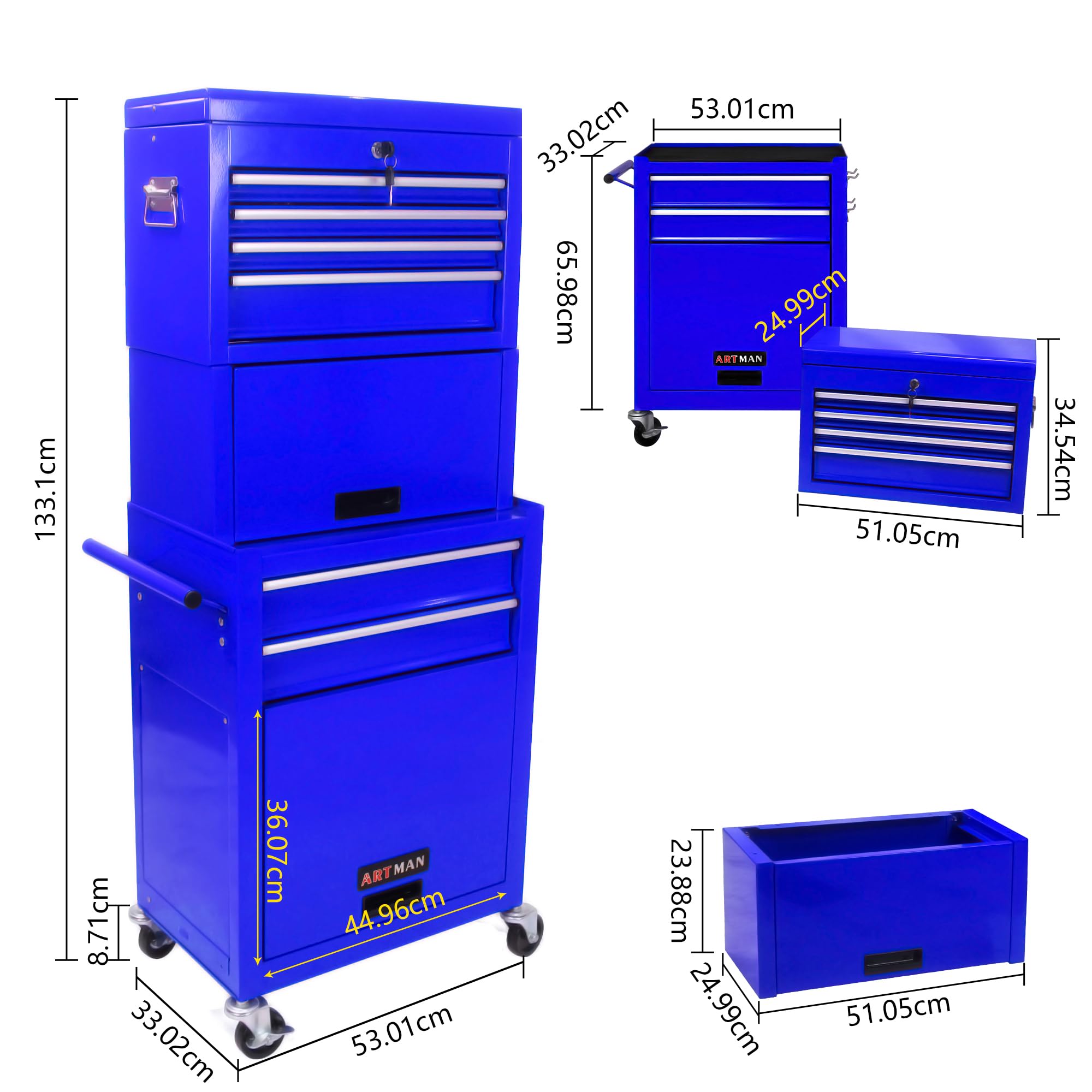 Generisch Carrello portautensili con 6 cassetti con contenitore arrotolabile bloccabile, 4 ruote universali (2 frenate) e pannello sospeso – organizzatore blu 2 in 1 per garage/officina