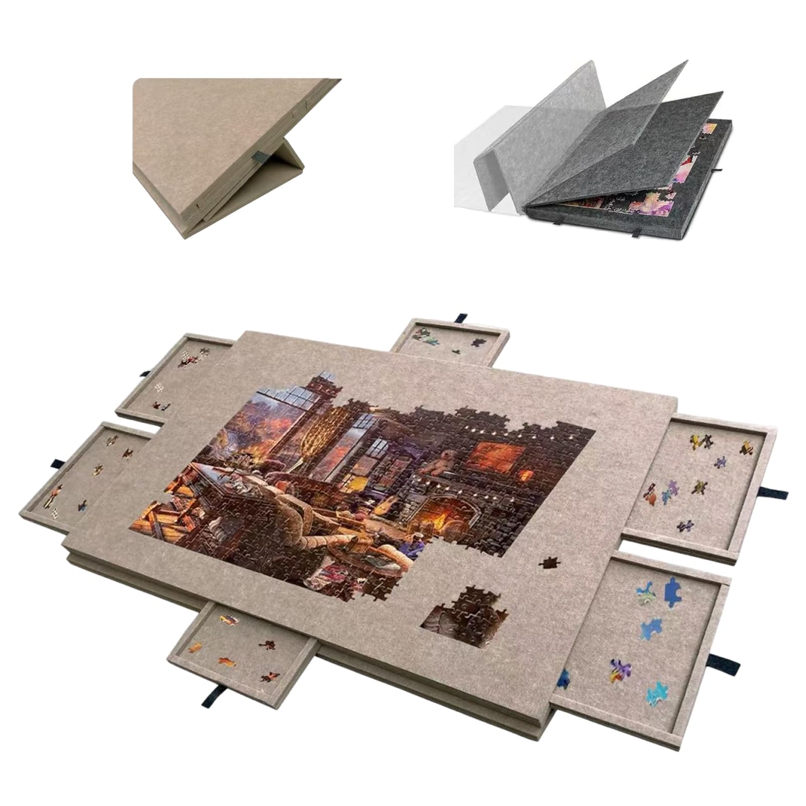 Mesa de Rompecabezas Plegable inclinable portátil, Mesa de Rompecabezas Plegable inclinable de Fieltro Ligero con Soporte y Tapa, 6 cajones, para Juegos de hasta 1000-1500 piez Dark Beige 90*63*4.2cm