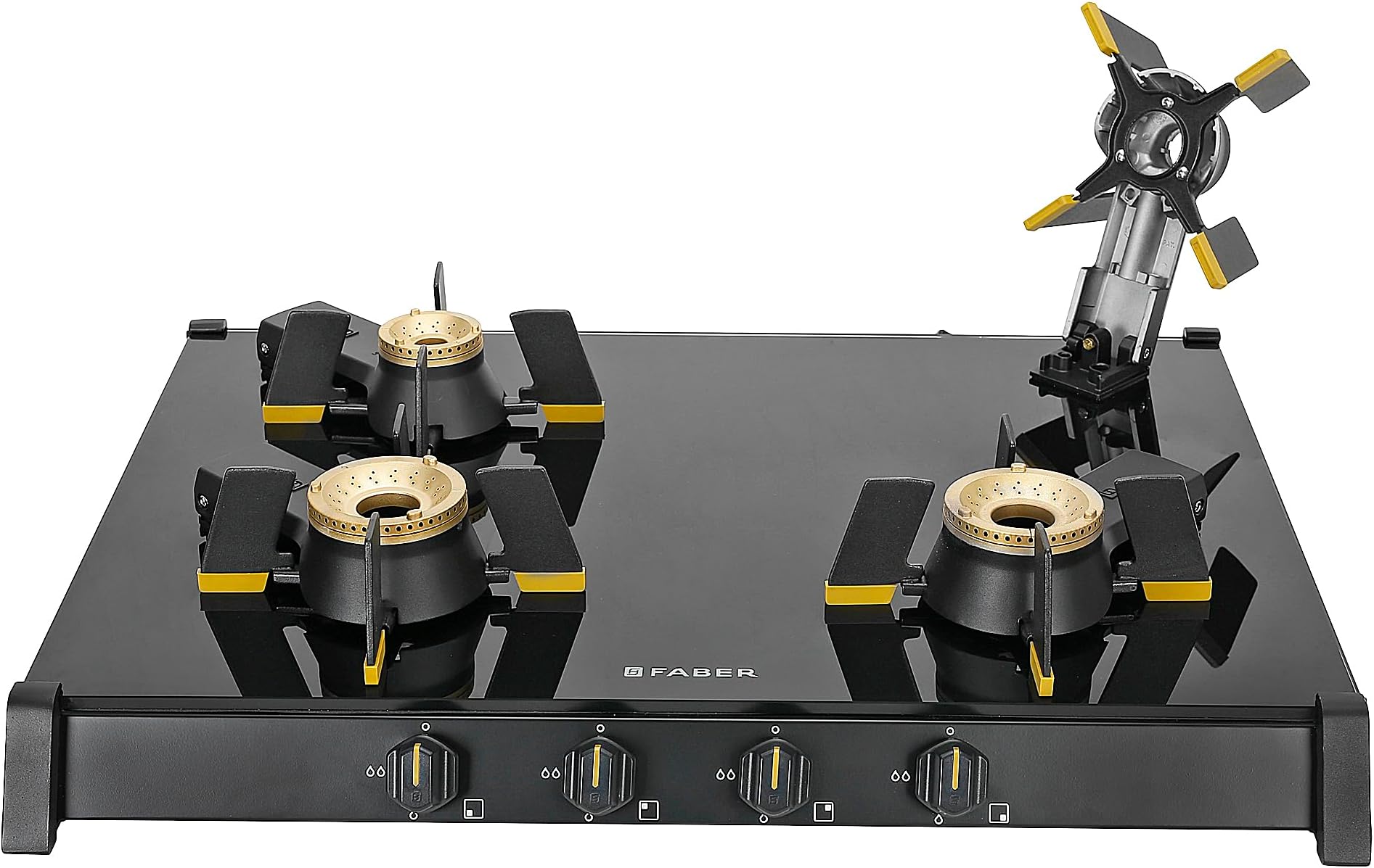 Faber Liftable Burners Freestanding Cooktop | Genius 704 Bk | 70Cm Width | Brass Burners | Manual Ignition | Abs Knobs | Pan Support | 2 Yrs Comprehensive,5 Yrs Valve & Burners,7 Yrs On Glass, Black