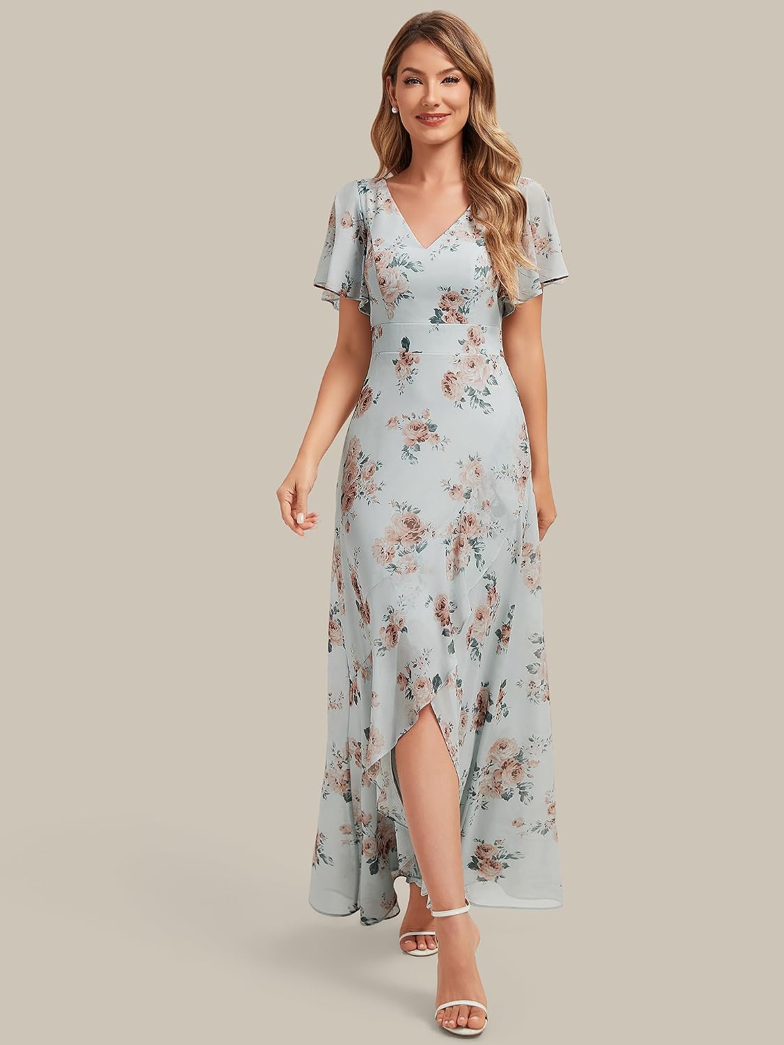 Ever-Pretty Women's V-Neck Short Sleeves Bridesmaid Dress Chiffon Asymmetrical Hem Formal Wedding Guest Dresses 02758