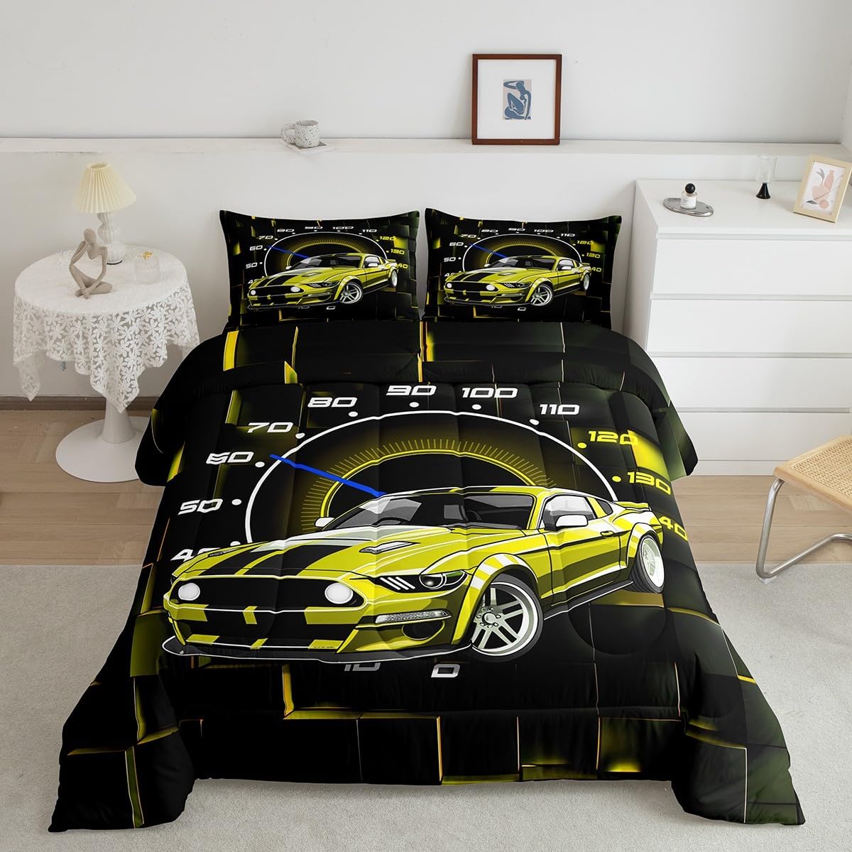 Manfei Racing Car Young Comforter Set,Extreme Sports Gaming Sports Car Bedding Set for All Season,3D Geometric Squares Grids Neon Comforter 3 Pcs with 2 Pillowcases,Yellow Black,Full Size