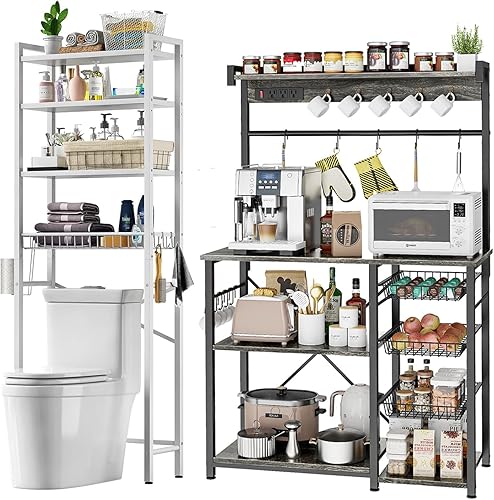 Kalrin Estante grande para panaderos con tomas de corriente, barra de café de 15 ganchos con cesta de 3 cables, estante de almacenamiento de 4