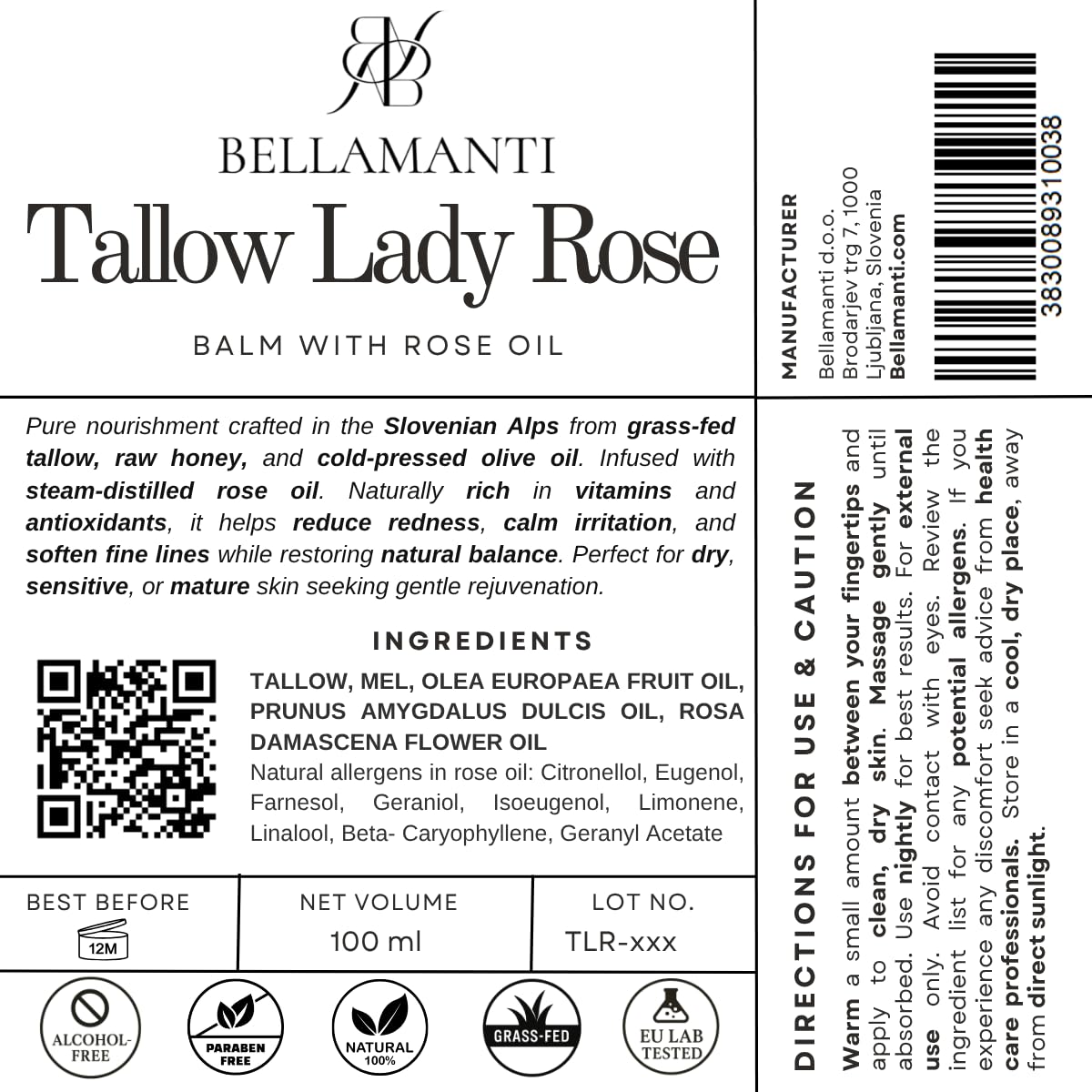 Beef Tallow Balm- Bellamanti bálsamo de sebo de res 100% de pastoreo “Lady Rose” con aceite de rosa. Para piel sensible, seca o madura. Natural, calmante y con aroma a rosa. 100 ml