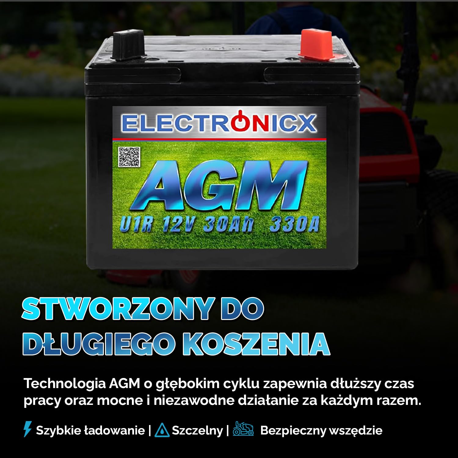 Electronicx akumulator do traktorka 12V 30Ah akumulator AGM do kosiarki akumulator 30 Ah kosiarka samojezdna traktorek do trawy plus prawy U1R 330A traktorki do trawy