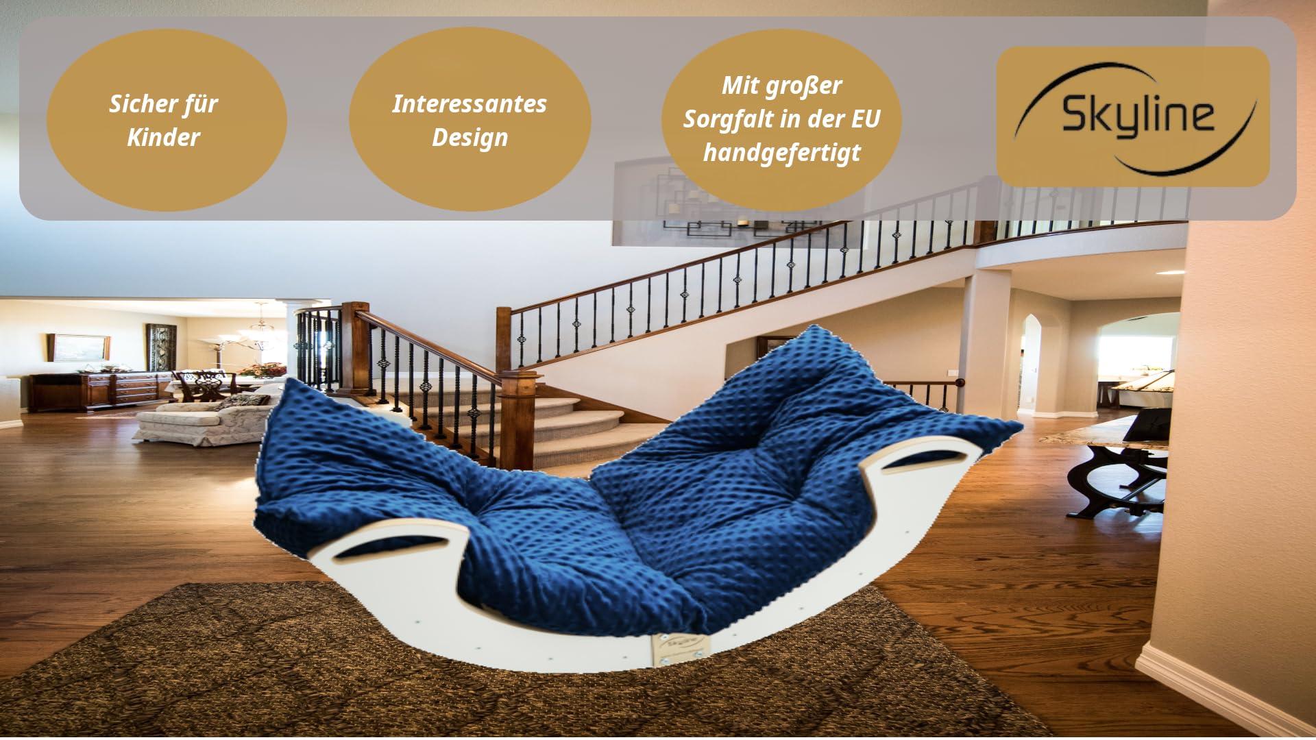 Skyline Altalene di equilibrio in legno tunnel gioco arco da arrampicata montessoriano per bambini fatto a mano dondolo montessori scivolo con altalena con cuscino M Effetto Bianco/Navy blu
