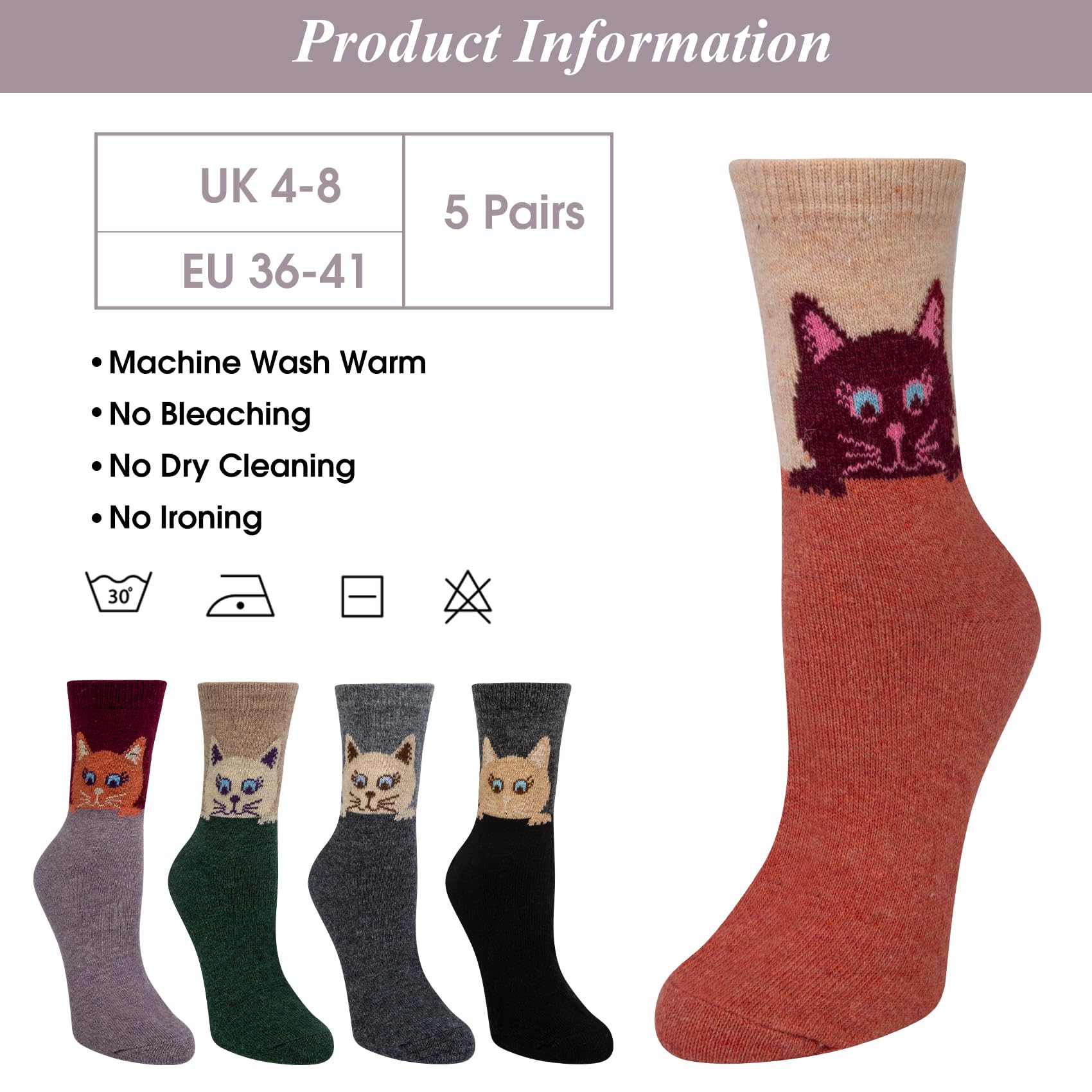 YSense Snug 5 Paia di Calze Calde Invernali da Donna - Calze di Lana Comode per Escursionismo, Multicolore