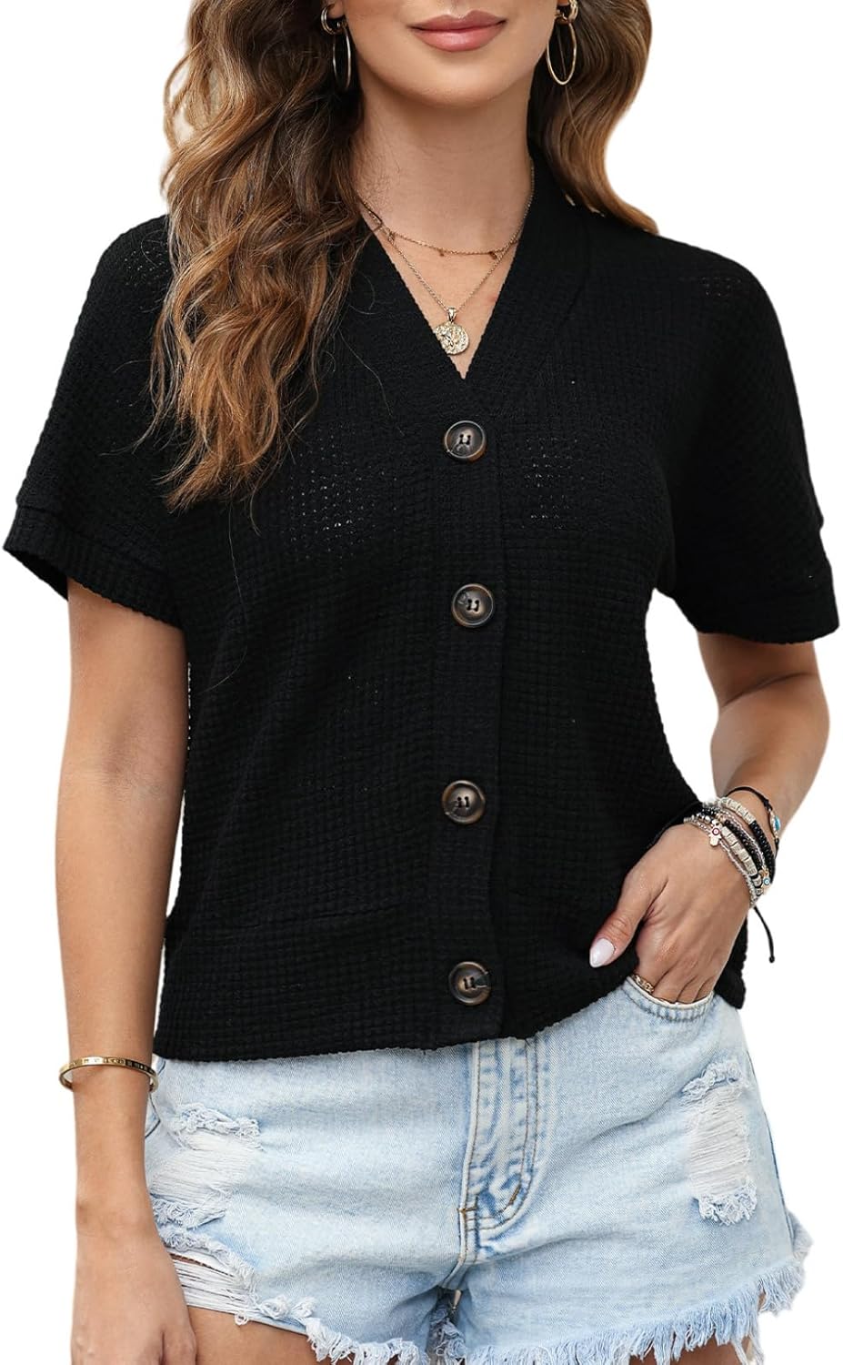 Dokotoo Womens Summer Tops 2026 Waffle Knit Button Down Shirts Casual V Neck Short Sleeve Shacket Jacket Dressy Blouses - Image 2