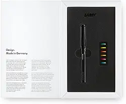 Lamy Conjunto de caneta-tinteiro multicolorido safari todo preto – Edição especial com 6 anéis coloridos intercambiáveis – ponta de aço na largura M – incluindo cartucho de tinta azul T10 e caixa de