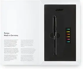 Lamy Conjunto de canetas-tinteiro multicoloridas safari todo branco – Edição especial com 6 anéis coloridos intercambiáveis – Ponta de aço na largura EF – incluindo cartucho de tinta azul T10 e caixa