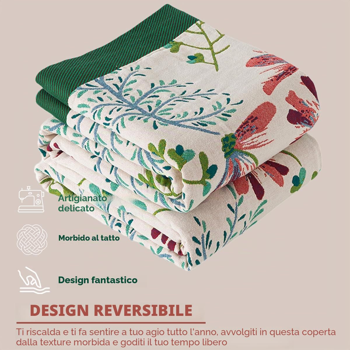 Plaid Divano Cotone Floreale Coperta Boho per Divano Coperta Cotone Matrimoniale Copriletto Matrimoniale 200x230cm, Foglia-Bianco