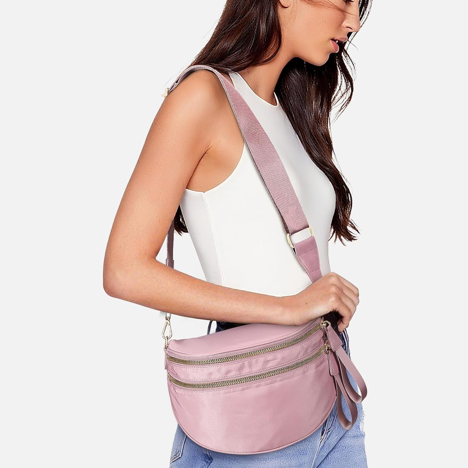 hibear Nylon Bum Bags for Women Crossbody Spacious Checkered Crossbody Bag Large fanny packs for women Belt Purse (rose red) - Image 2