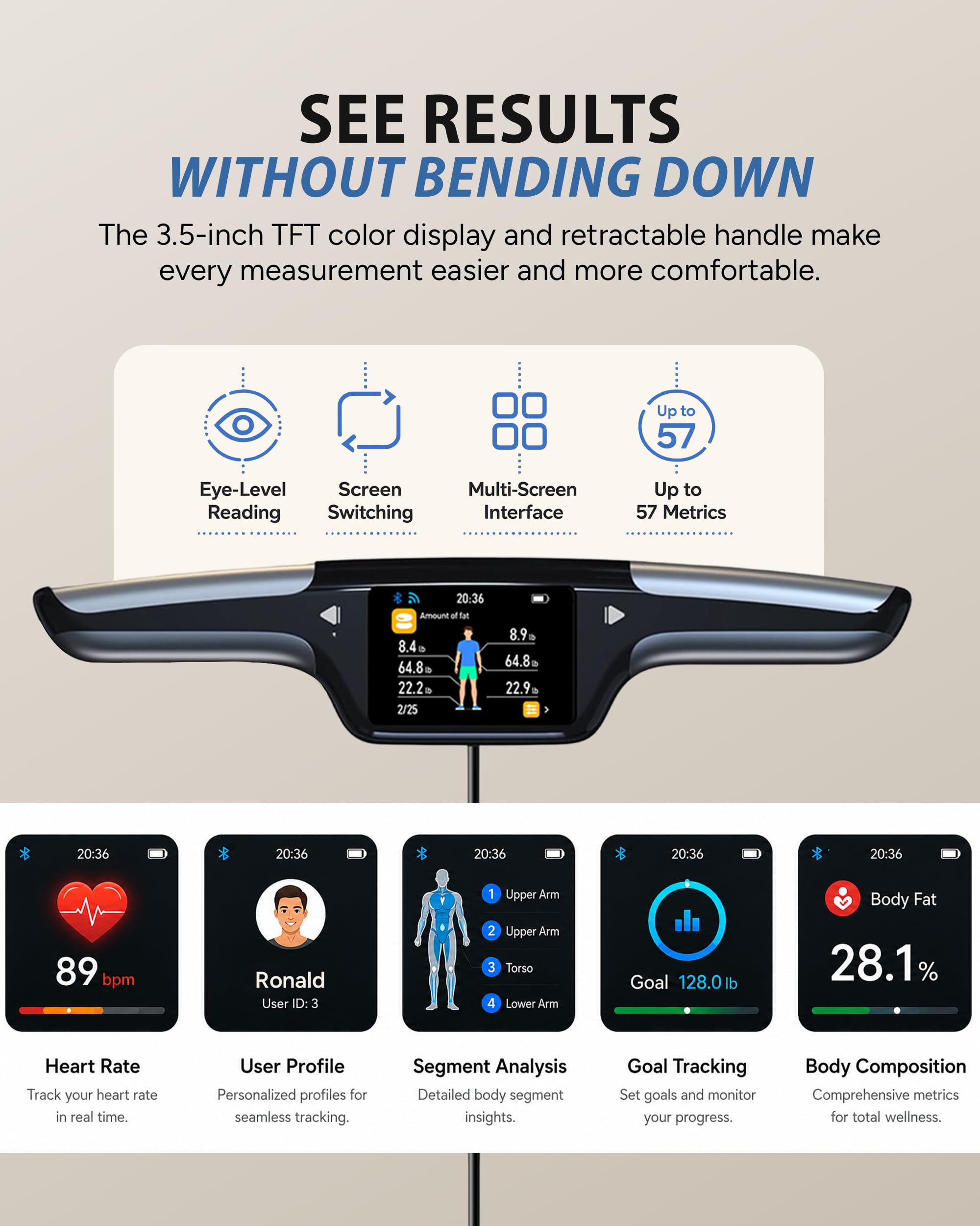 Homerz Báscula de composición corporal con 57 métricas, báscula digital de grasa corporal con IMC, seguimiento de masa muscular y frecuencia cardíaca, báscula inteligente Bluetooth de 8 electrodos