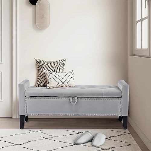 Miniatura 7 de LOULENS Banco otomano de almacenamiento de terciopelo de 45 pulgadas, banco tapizado en el extremo de la cama, banco de almacenamiento moderno