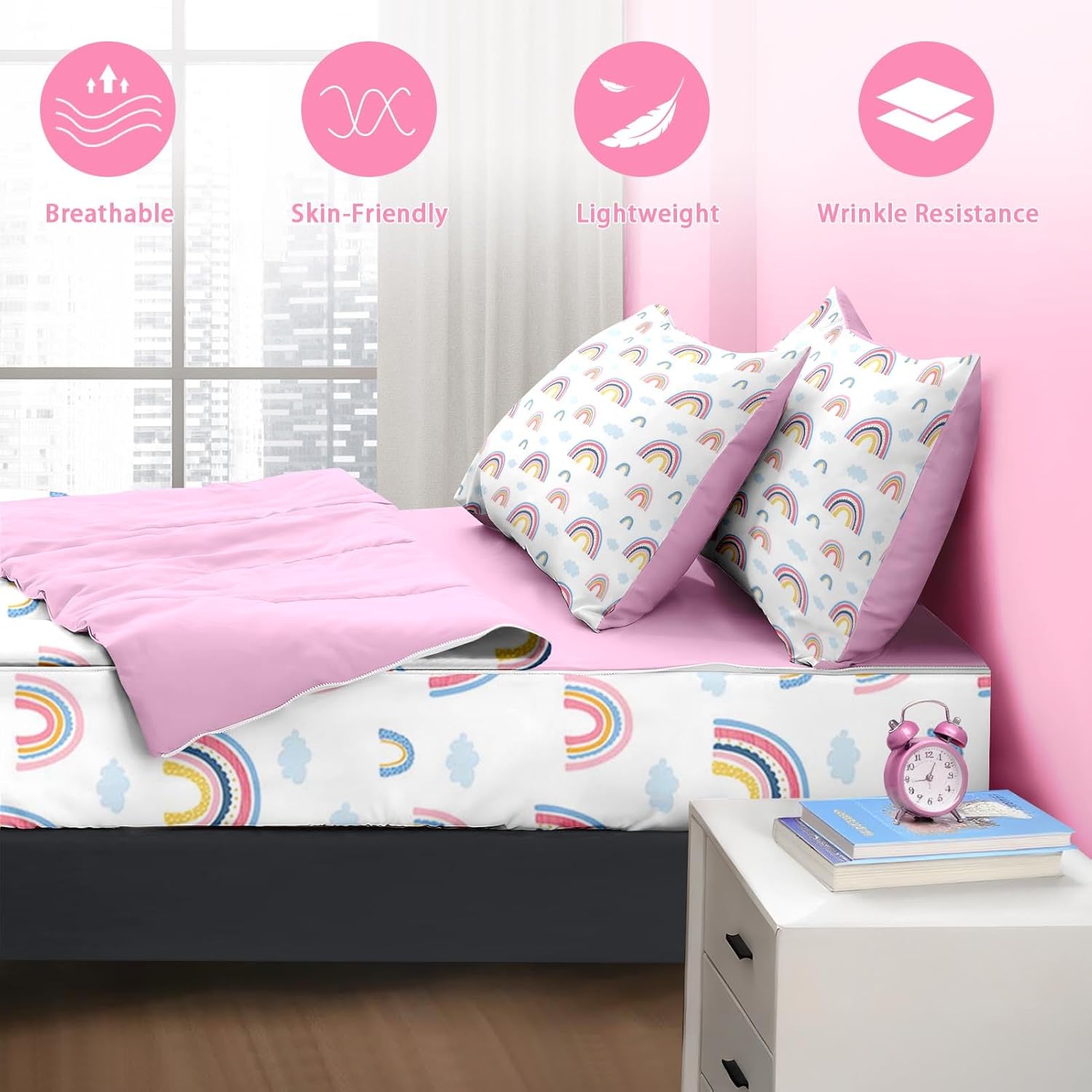 Nesker Full Zipper Bedding, Rainbow Zipper Bedding Sets for Girls, 3pcs All in on one, Pink Kids Comforter Set with Fitted Sheet and 2 Pillowcases - Image 8