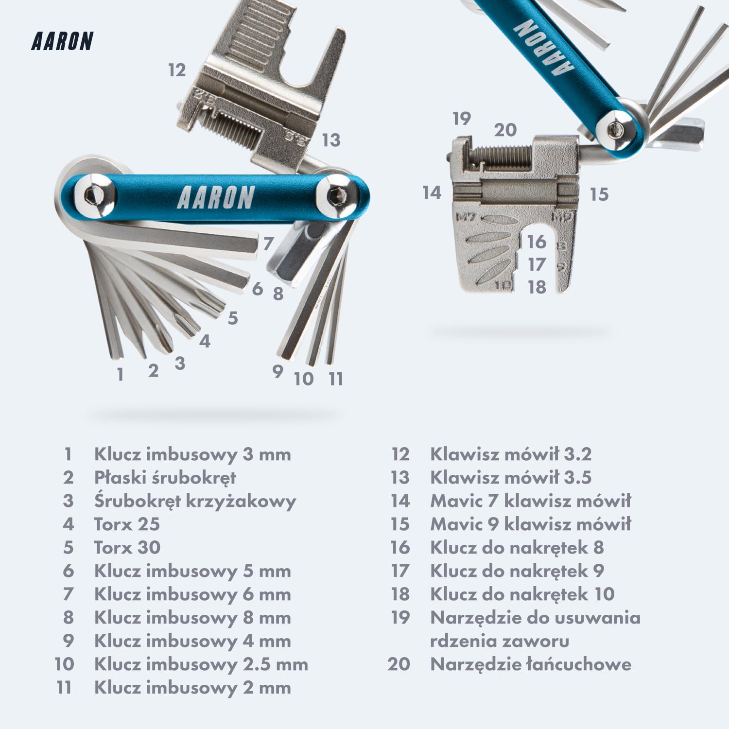 AARON Wielofunkcyjne narzędzie rowerowe - 20 w 1 Wielofunkcyjne narzędzie rowerowe - Stal nierdzewna/Aluminium - Niebieskie