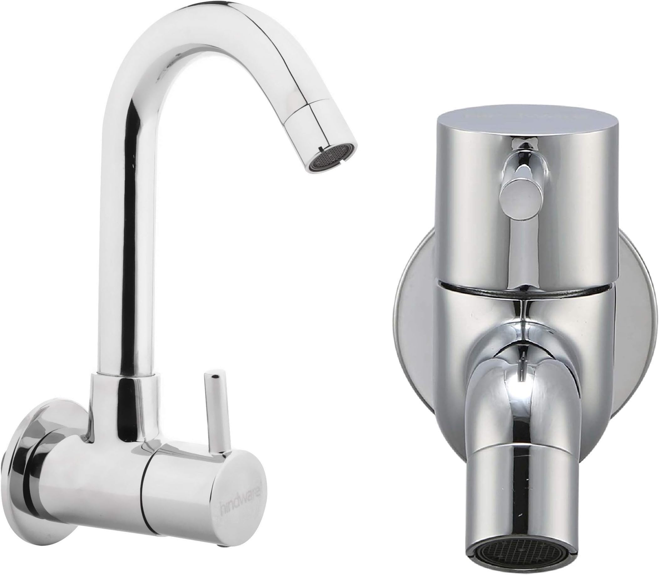 Hindware F280026CP Sink Cock with Extended Swivel Spout Wall Mounted (Flora) with Chrome Finish & Hind Ware F280002CP Bib Cock (Flora) with Chrome Finish