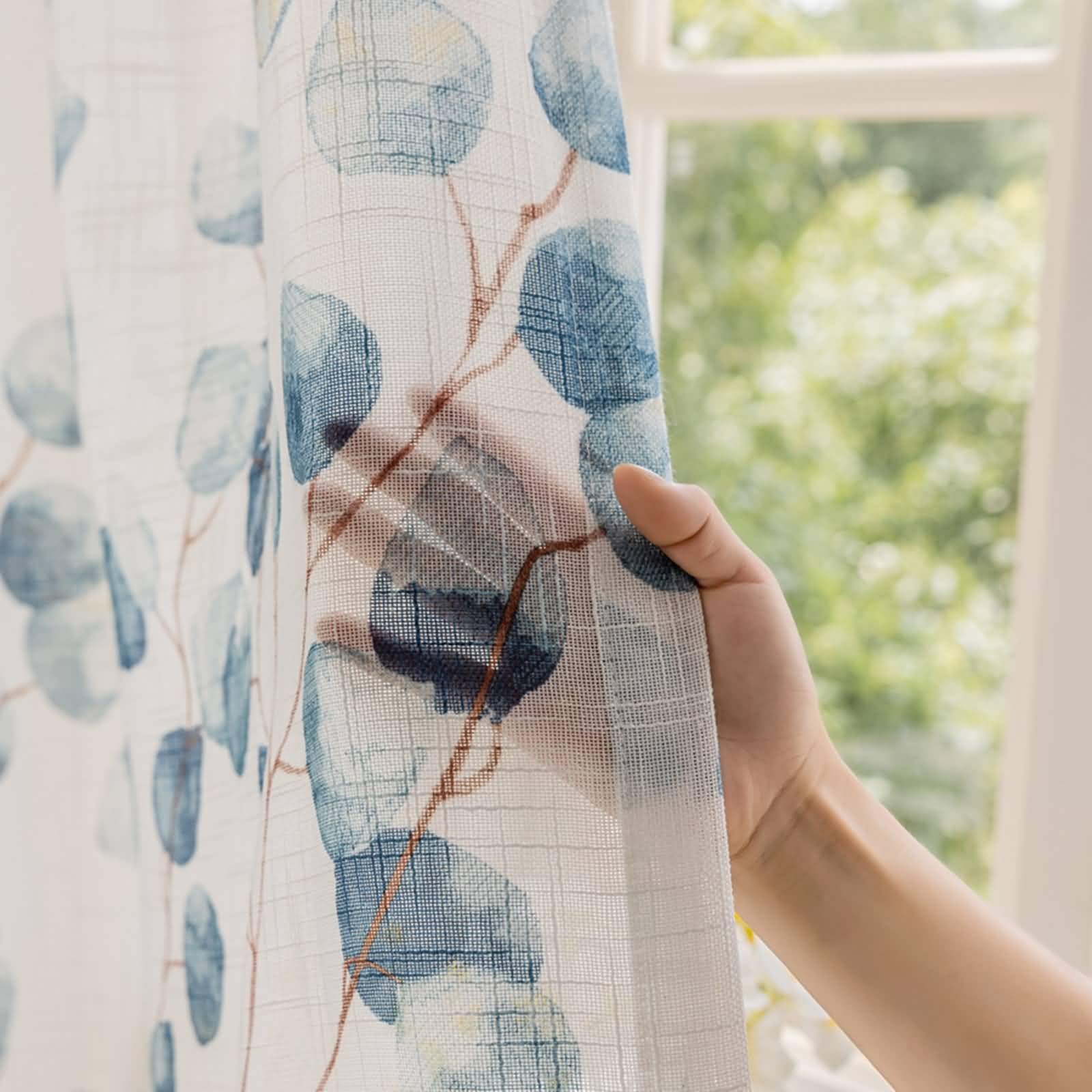 Epinki Vorhänge 2er Set, Voile Gardinen Trnsparent Blatt Zweigstelle Muster Blau Voile Gardinen aus Polyester Haken Fensterschal für Wohnzimmer H244 x B137 cm