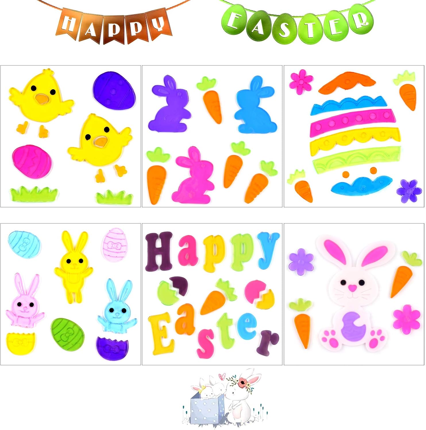 6 Sheets Window Clings Gel Window Sticker, Jelly Window Sticker for Children Kids, Holiday Decoration for Window Refrigerators Home, Gel Window Clings - Easy to Paste (Easter clings)