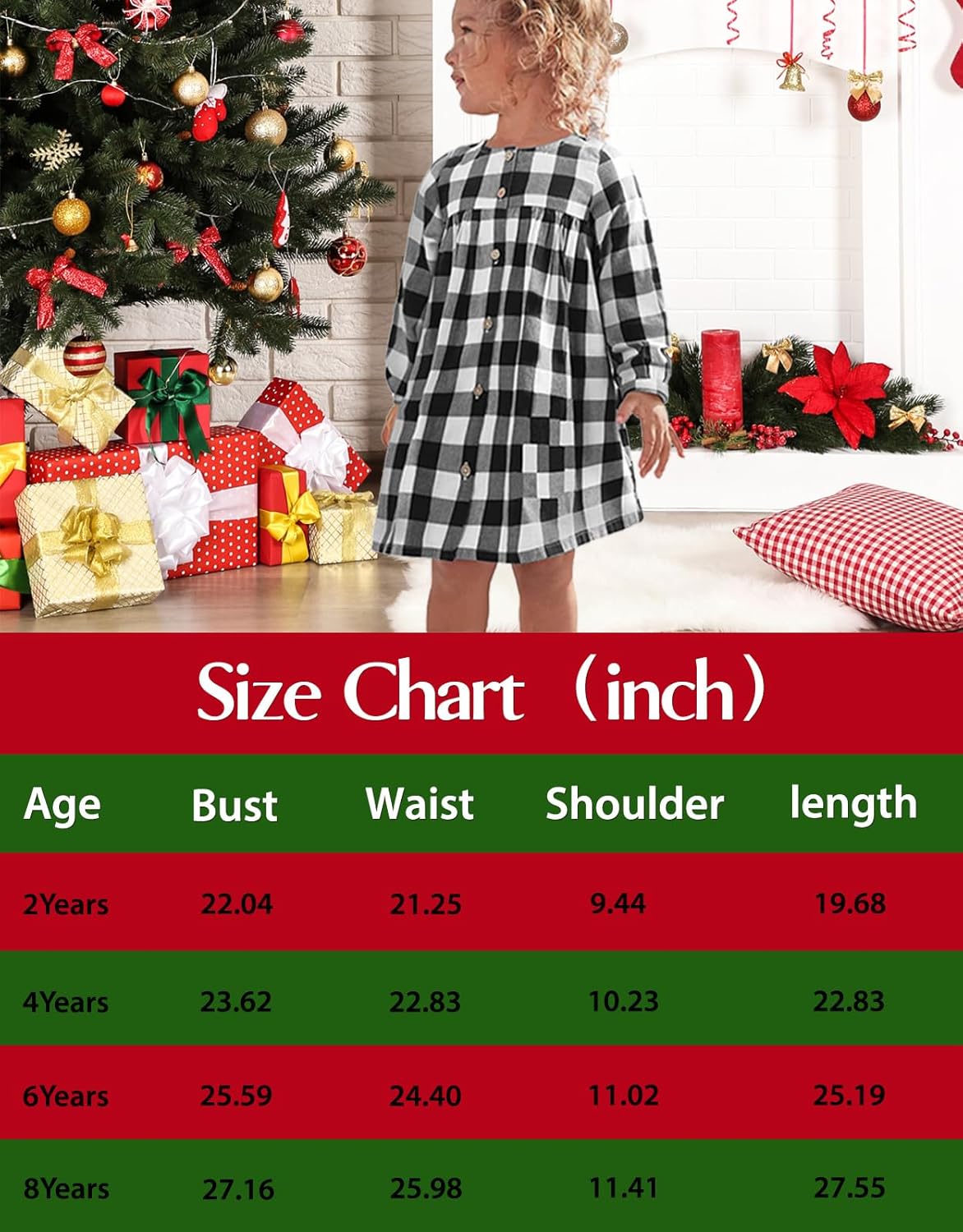 KYMIDY Girls Casual Dress Long Sleeve Buffalo Check Black White Plaid Dresses for Kids 2-8 Years - Image 6