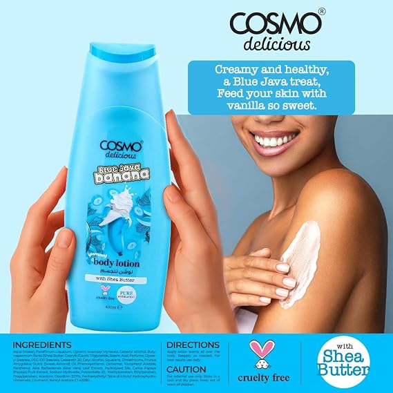 Cosmo Skin Care Delicious Blue Java Banana Sundae 3 Pieces Gift Set For Women & Men, 150ml Fragrance Mist, 350ml Aloe Vera Shower Gel, 200ml Shea Butter Body Lotion, Creamy Banana Fragrance
