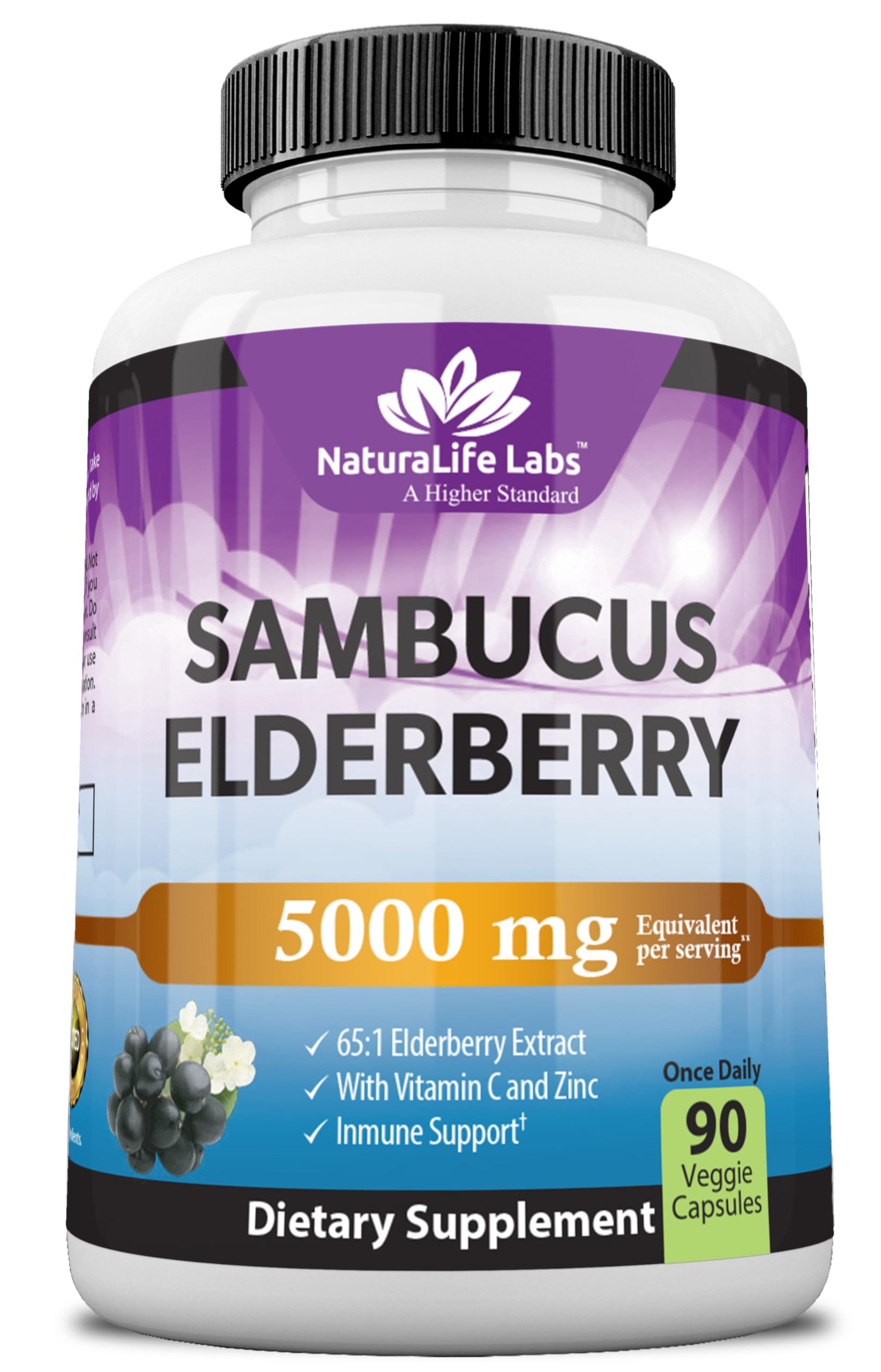 - Sambucus Elderberry 5,000 mg Equivalent (65:1 Extract) with Vitamin C & Zinc - 90 Capsules - Vegan, Gluten Free, Non-GMO