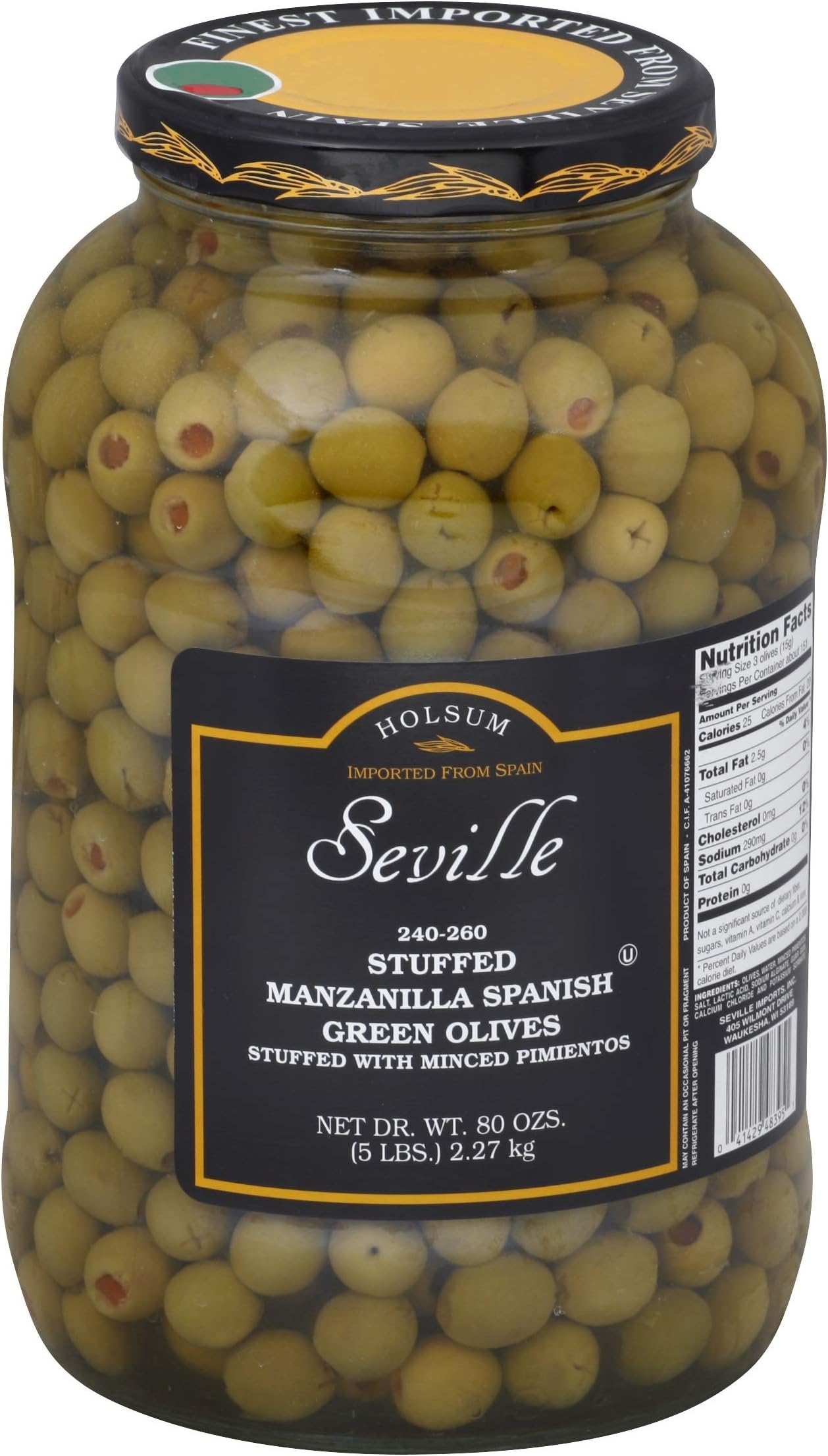 Seville 240/260 Stuffed Manzanilla Queen Olive, 128 Ounce -- 4 per case.
