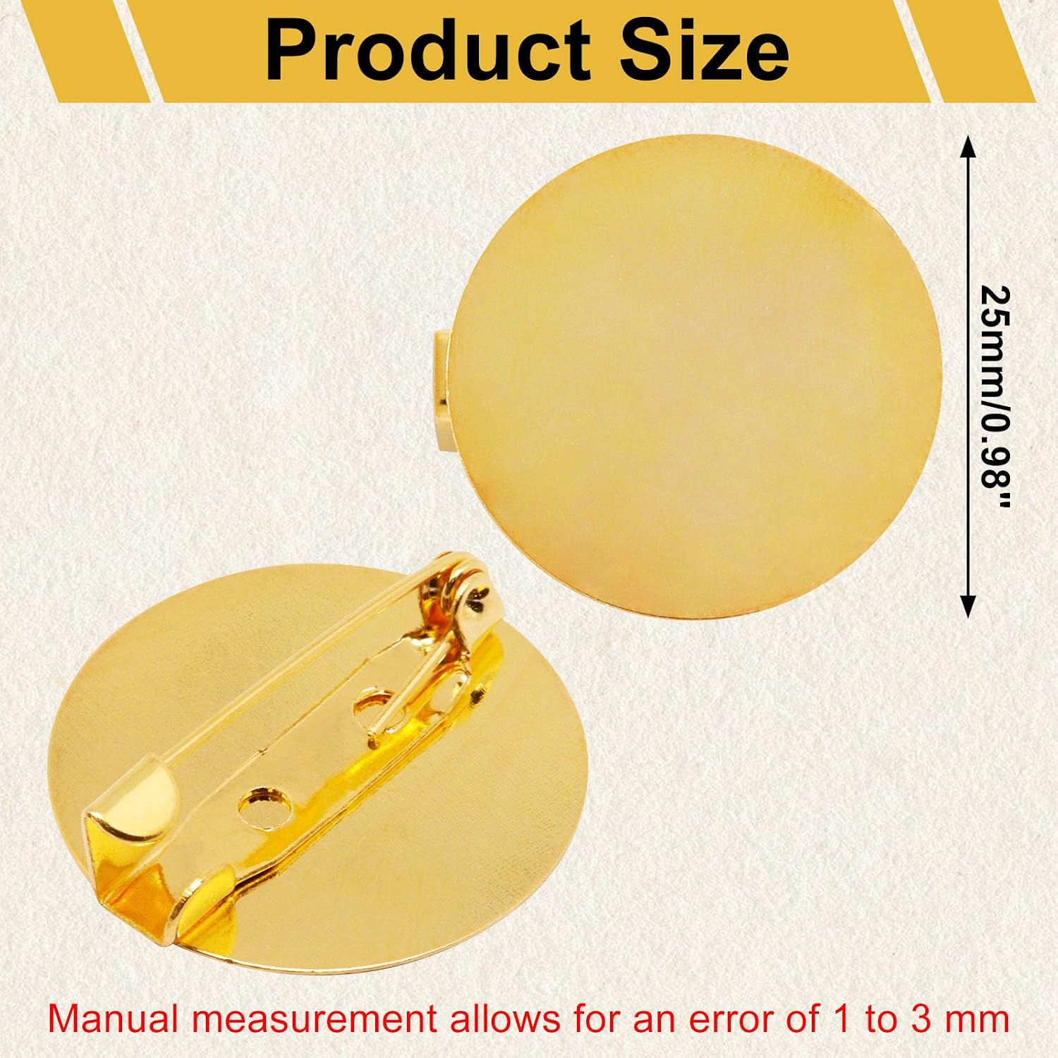 50 Pcs 25mm Gold Brooch Blank Round Trays with Pin, Flat Round Brooch Pin Blank Brooch Tray for DIY Jewelry Craft Making Accessories
